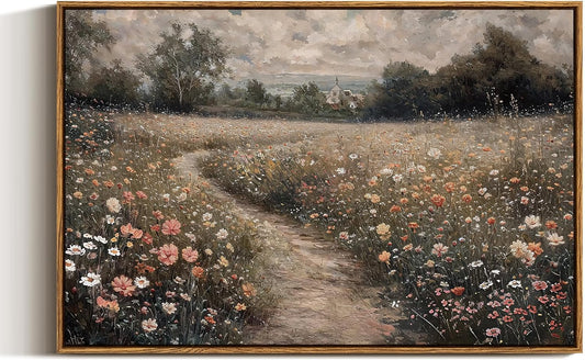 VIYYIEA Framed Canvas Wall Art Home Decor Vintage Large Landscape Country Wildflower Paintings Farmhouse Pictures Floral Artwork Rustic Flower Prints Cottagecore Living Room Bedroom Bathroom 20x30in