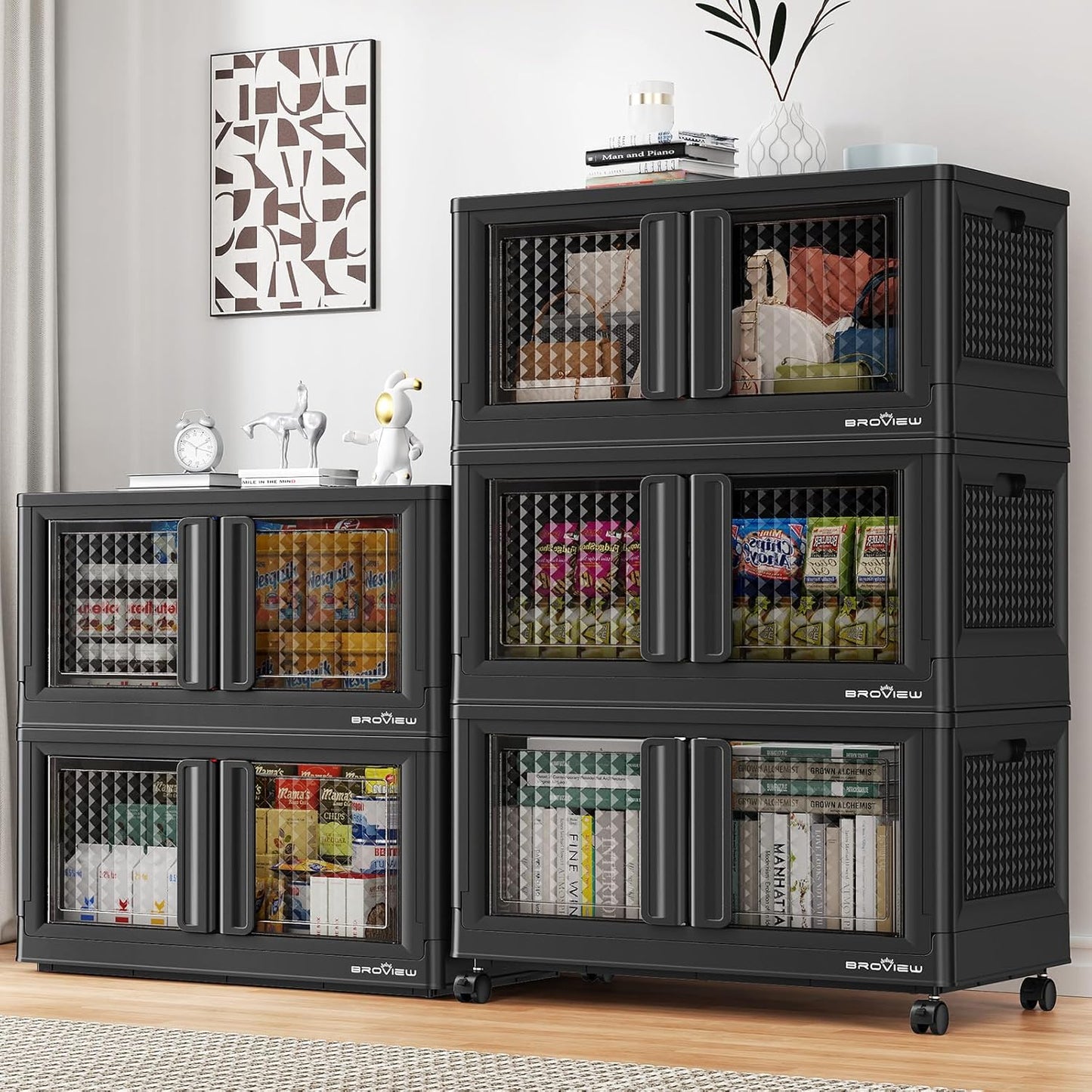 500Qt Stackable Storage Bins with Lids, 125Gal Closet Organizers and Storage Drawer, Plastic Collapsible Storage Bins with Doors, Heavy Duty Store Box Cabinet for Home Kitchen, 5Pack Black