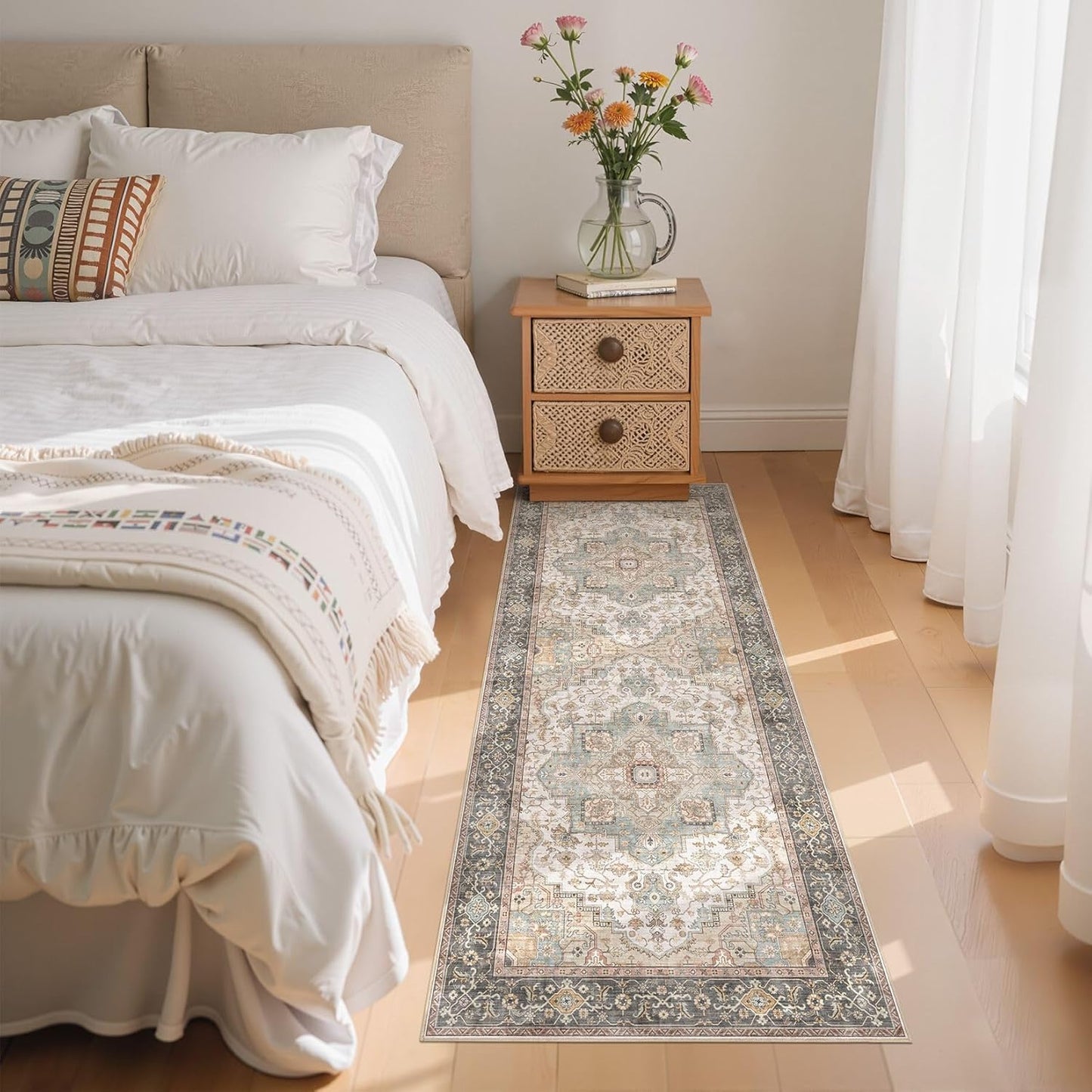 Washable 2x6 Runner Rug - Area Rugs Neutral Vintage Distressed Floral Farmhouse Boho Large Soft Floor Rug Indoor Carpet for Hallway Entryway Bedroom Kitchen - Forest Green Orange