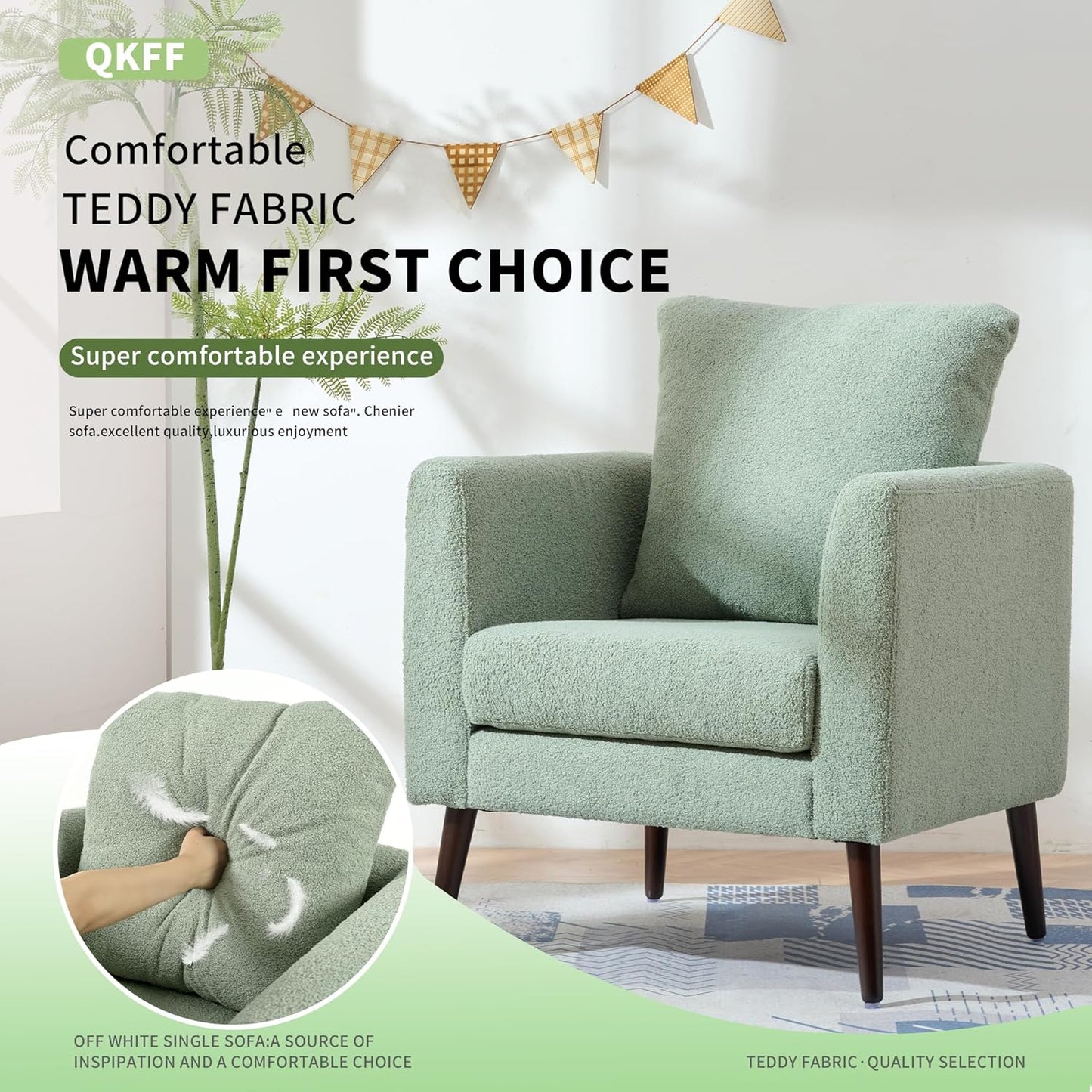 Barrel Accent Chair Set of 2 with Back Pillow, Large Teddy Upholstered Armchair with Solid Wood Legs Modern Reading Chairs for Living Room Bedroom