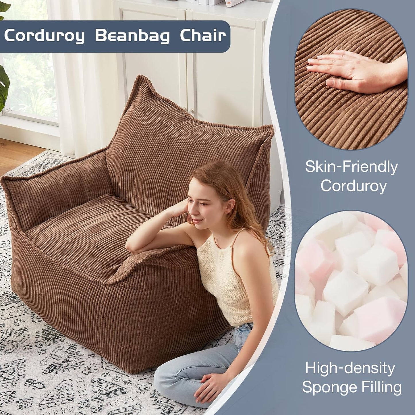 Giant Bean Bag Chair Sofa for Adults Teens, Comfy Corduroy Large Bean Bag Chairs with Armrests for Bedroom Living Room, Adult BeanBag Lazy Sofa Couch Chairs with Filler Included