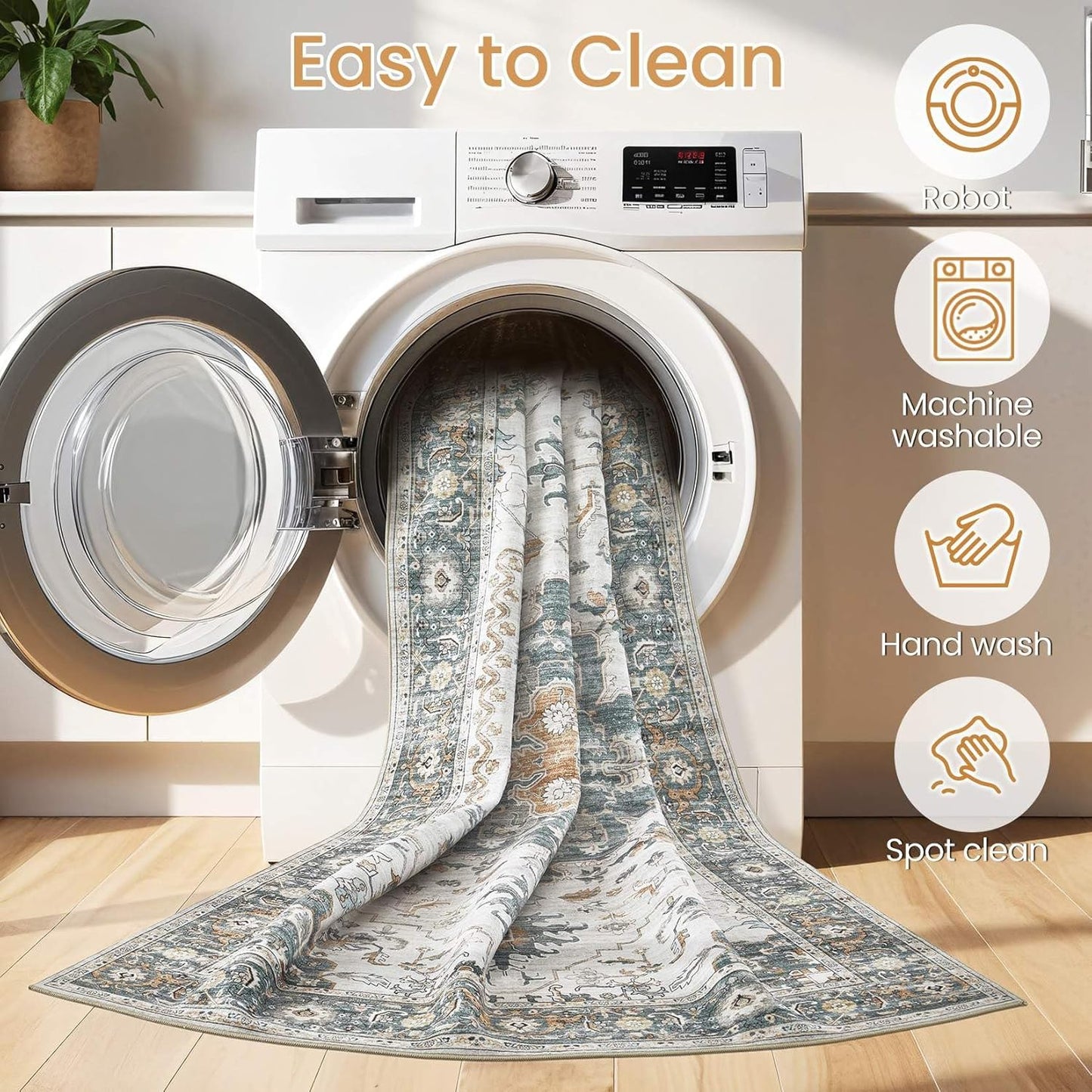 Washable Area Rugs for Living Room -10x14 Neutral Vintage Distressed Floral Farmhouse Boho Large Soft Floor Rug Indoor Non Slip Carpet for Living Room Bedroom Dining Room Office -Green/Grey