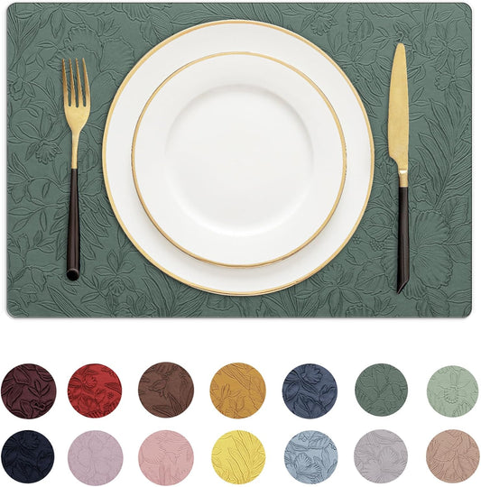 Romanstile Vinyl Placemats Set of 4-12 X 18 Inch - Heat Resistant Non-Slip Embossed Floral Place Mats 100% Waterproof Oilproof Wipeable Faux Leather Table Mats for Kitchen/Dining/Party, Green