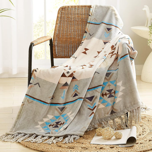 CASAAGUSTO Boho Throw Blanket - Green and Beige Decorative Blankets with Tassel, Printed Flannel Bohemian Blanket for Chair, Bed, Sofa, Couch(50 * 60, Green and Beige)