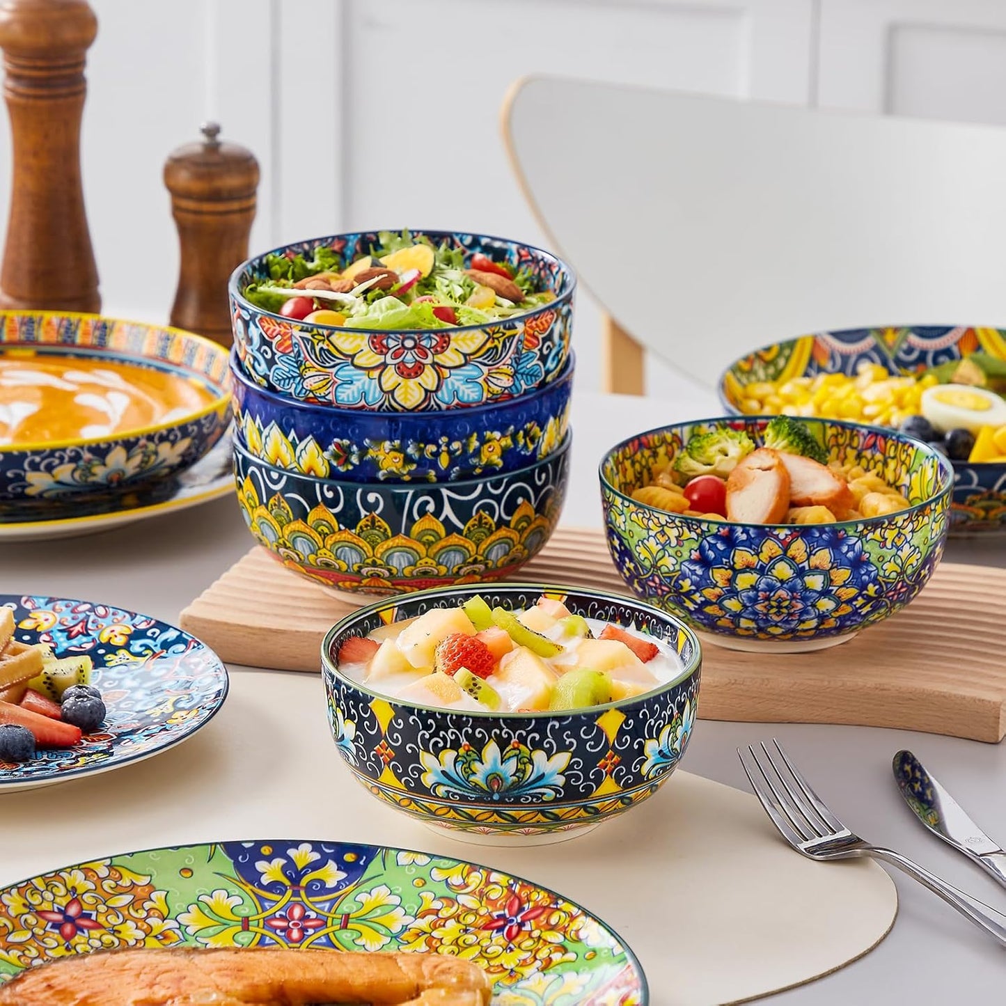 vancasso 24 Pieces Dinnerware Sets, Plates and Bowls Set, Porcelain Dishes Set for 6, Microwave and Dishwasher Safe, Scratch Resistant, Bohemian Style Dining Ware Service for 6, Series SIMI