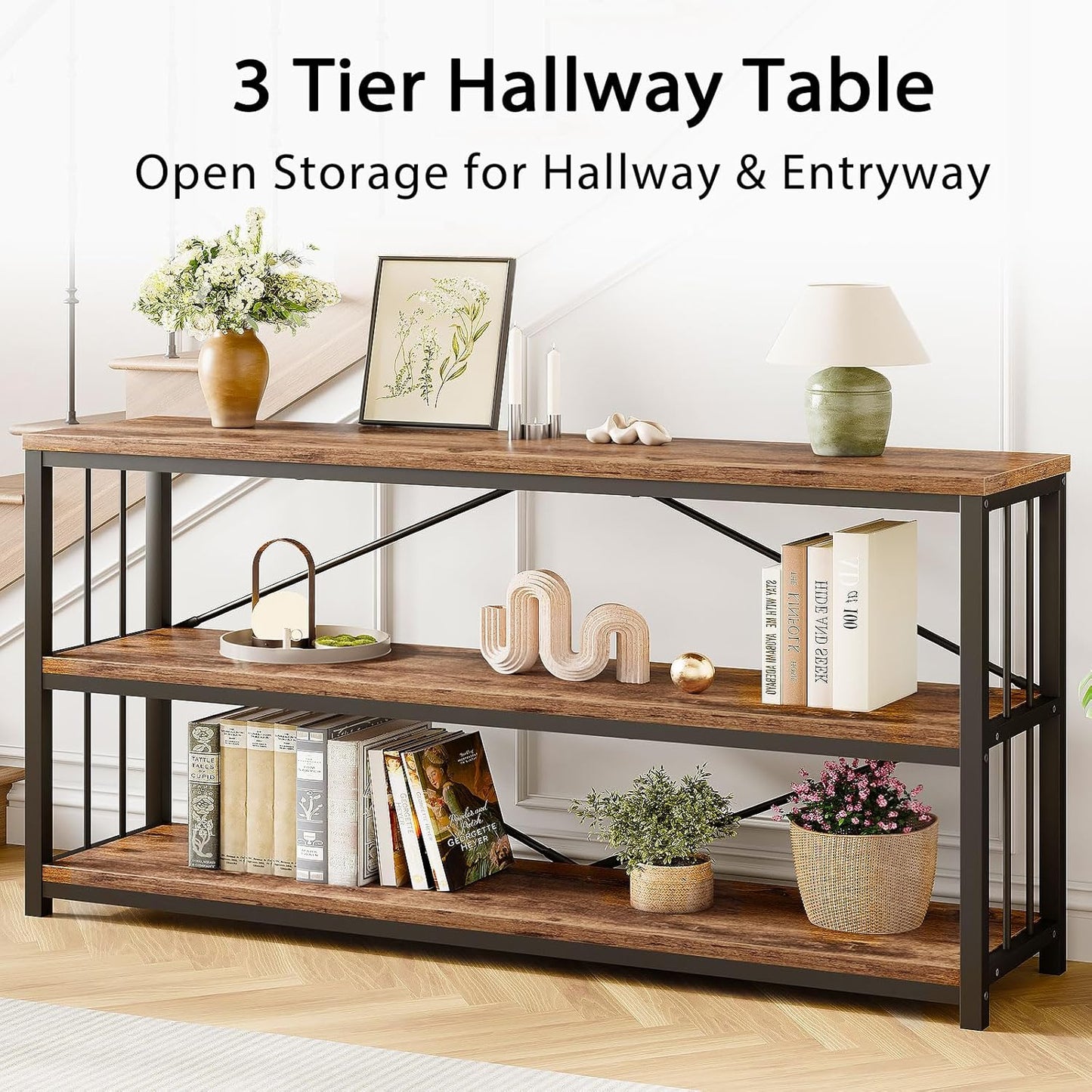 LVB Rustic Entryway Table, Industrial Extra Long Hallway Sofa Table, Wood Metal Narrow Console Table with Storage Shelf, Modern Skinny Couch Table for Foyer Living Room Bedroom, Rustic Brown, 70 Inch