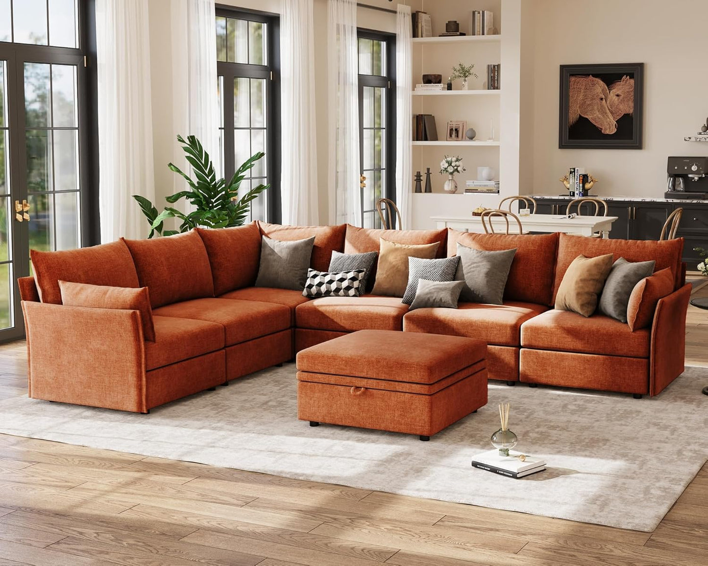 136.4" Oversized Modular Sectional Sofa, L Shaped Convertible Couch with Movable Ottoman, Large 7 Seat Corner Couches for Living Room Deep Seat Terracotta Chenille