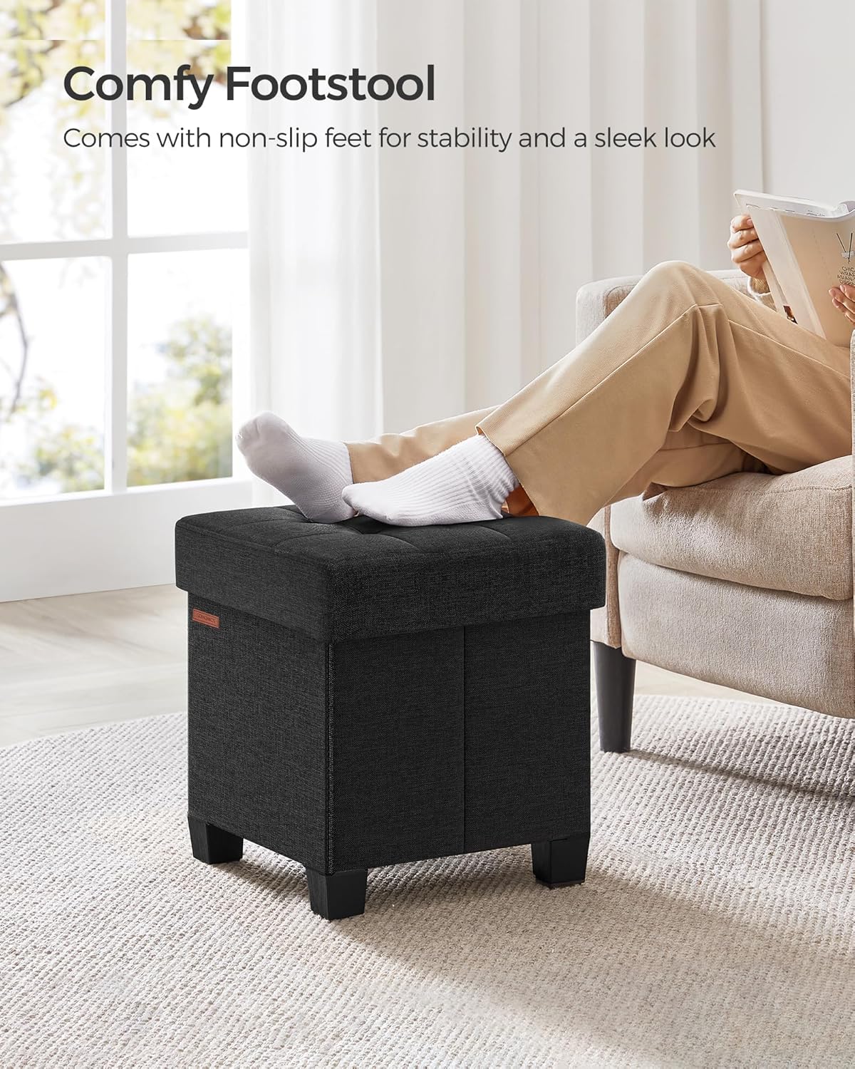 SONGMICS Storage Ottoman, Small Ottoman Foot Rest with Legs, 15 x 15 x 15.7 Inches Foot Stool, Load up to 660 lb, for Living Room, Bedroom, Dorm, Ink Black ULSF014B01