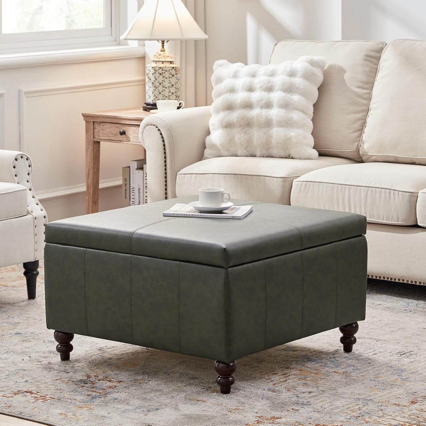 HUIMO Square Leather Storage Ottoman,Ottoman Coffee Table with Storage for Living Room (Vintagegreen)