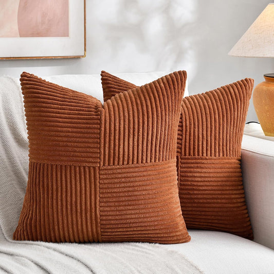 Fancy Homi 2 Packs Rust Euro Decorative Throw Pillow Covers 26x26 Inch for Bedroom Bed, Farmhouse Boho Home Decor, Soft Corss Corduroy Patchwork Textured Square Terracotta Cushion Case 66x66 cm