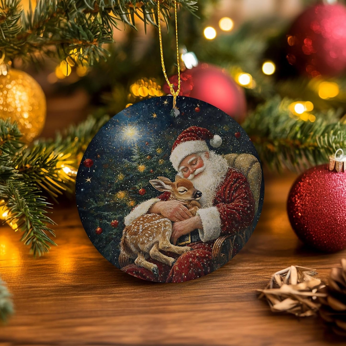 Vintage Christmas Santa Deer Ceramic Ornament Gifts, Rustic Winter Christmas Decorative Hanging Ornaments for Xmas Tree Holiday Party Decoration, Santa Deer Xmas Tree Decorations