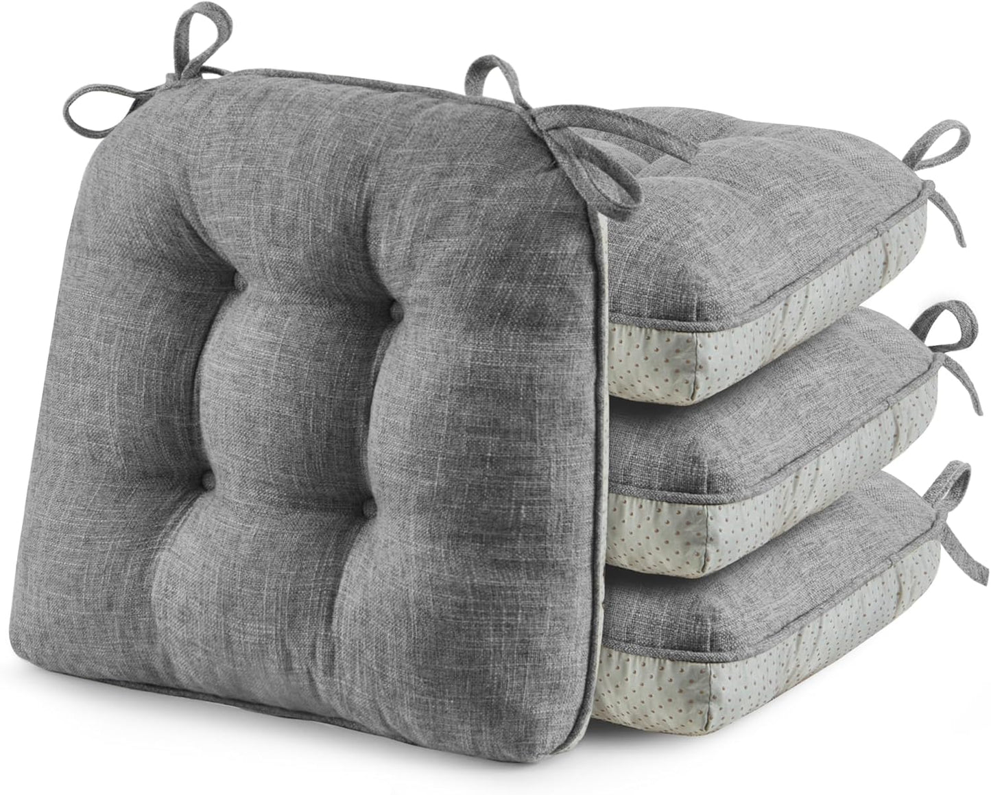 puredown® Chair Cushions for Dining Chairs, Tufted Memory Foam Chair Pads with Non-Slip Backing, Kitchen Seat Cushions with Ties, Washable Seat Pad Set of 4, 15.5" x 15.5" x 4", Dark Grey