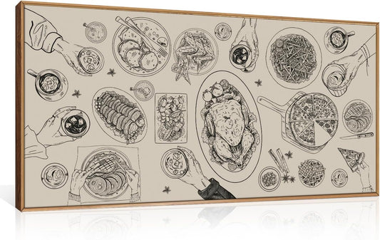 Vintage Food and Drink Framed Canvas Wall Art Set,Retro Sketch Pizza Cheers Wall Decor,Thanksgiving Dinner Turkey Artwork,Black and white Art Prints for Kitchen,Dining Room,Gatherings Decor-20"x40"