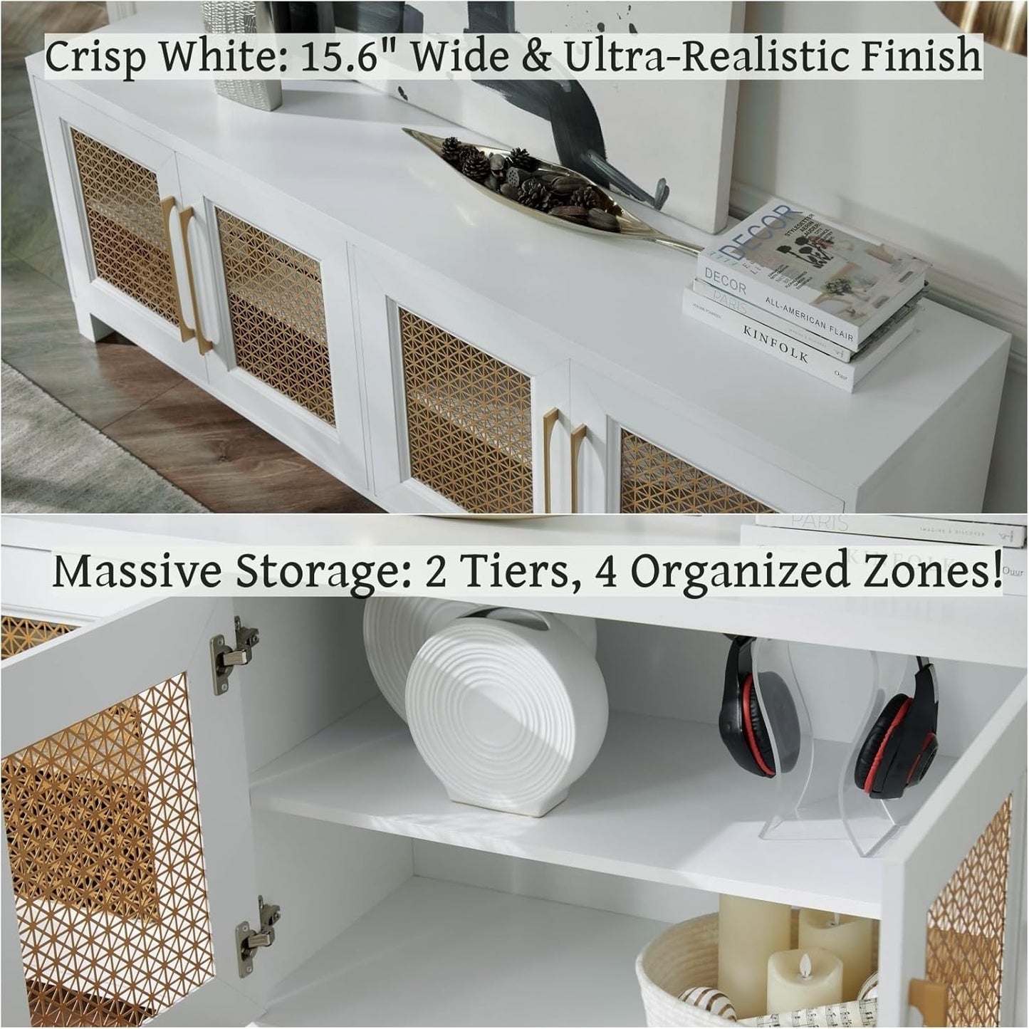 JYED Mid Century Modern TV Stand for TVs up to 75", 69.5" W White Entertainment Center with 4 Gold Metal Mesh Doors - Wood Grain MDF TV Console, Media Storage