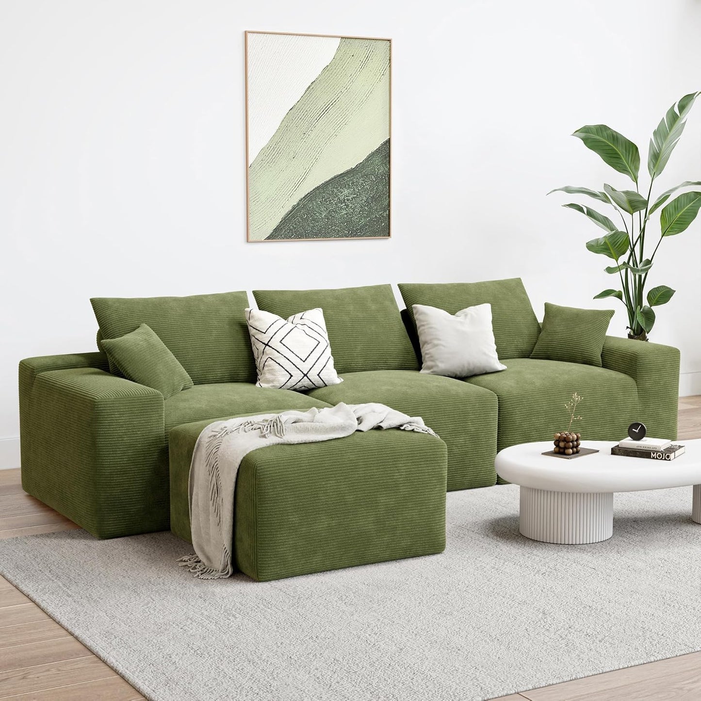 LIKIMIO 120" Modern L-Shaped Modular Sectional Sofa for Living Room, Corduroy Upholstery Green, Oversized 3-Seater Couch with Deep Seat and Movable Ottoman – No Assembly