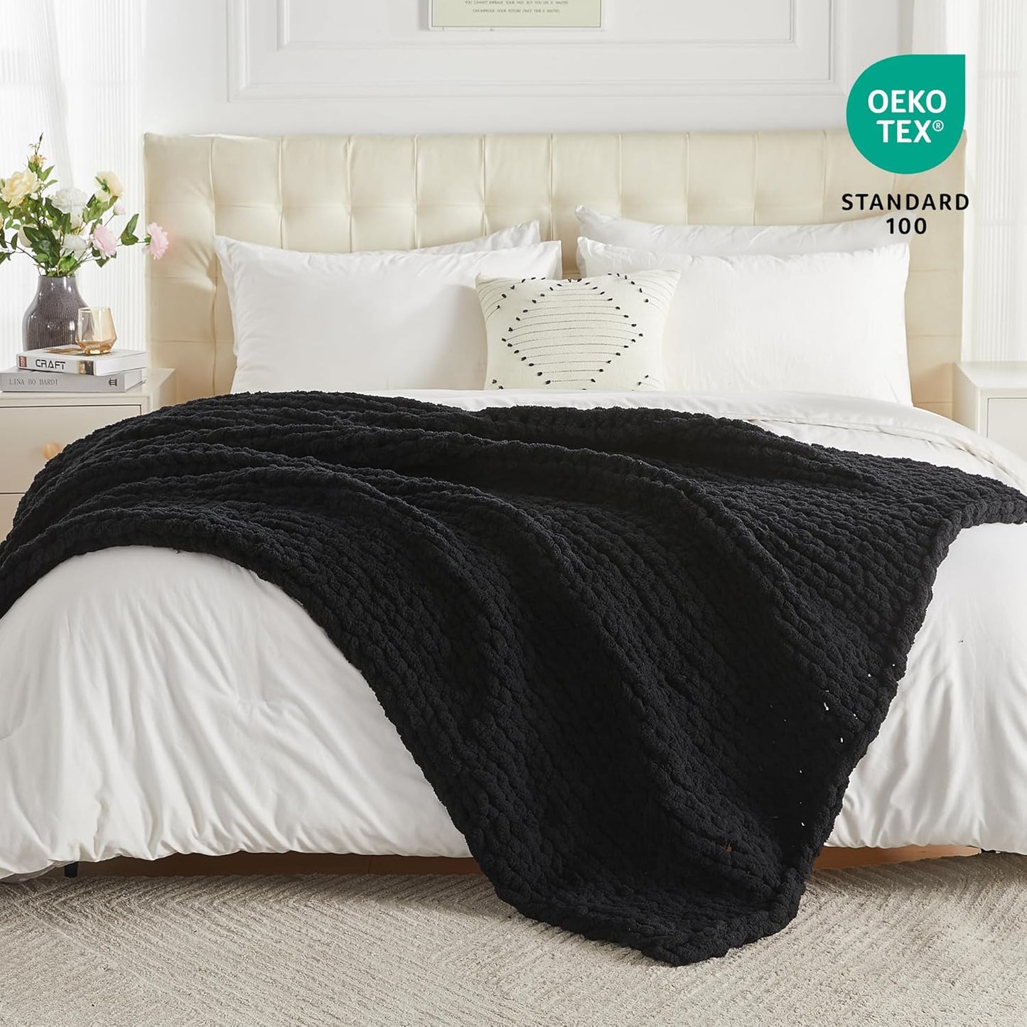 Carriediosa Chunky Knit Throw Blanket 50" X 60", 100% Hand Made Large Chenille Loop Yarn Soft Fluffy Throws for Couch Sofa Bed, Big Crochet Cozy Heavy Thick Cable Woven Blankets, Black