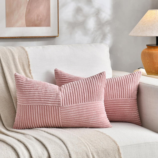 Fancy Homi 2 Packs Blush Pink Long Lumbar Decorative Throw Pillow Covers 16x24 Inch for Couch Bed Sofa, Rustic Farmhouse Boho Home Decor, Soft Striped Corduroy Rectangle Accent Cushion Case 40x60 cm