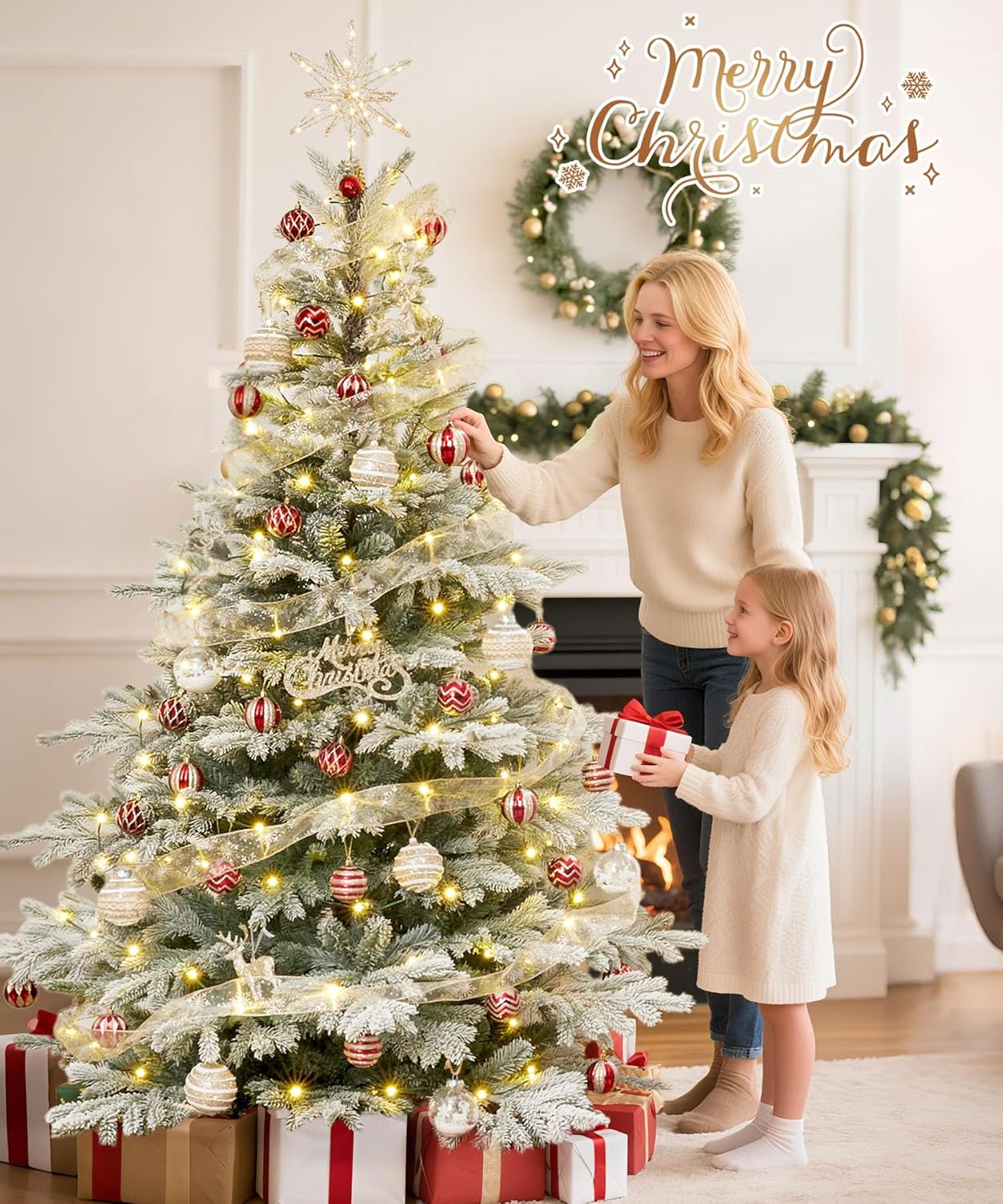 Decoway 6ft Artificial Christmas Tree, Unlit Snow Flocked Xmas Tree with 1571 Branch Tips and Sturdy Metal Stand for Indoor Outdoor Home Decoration