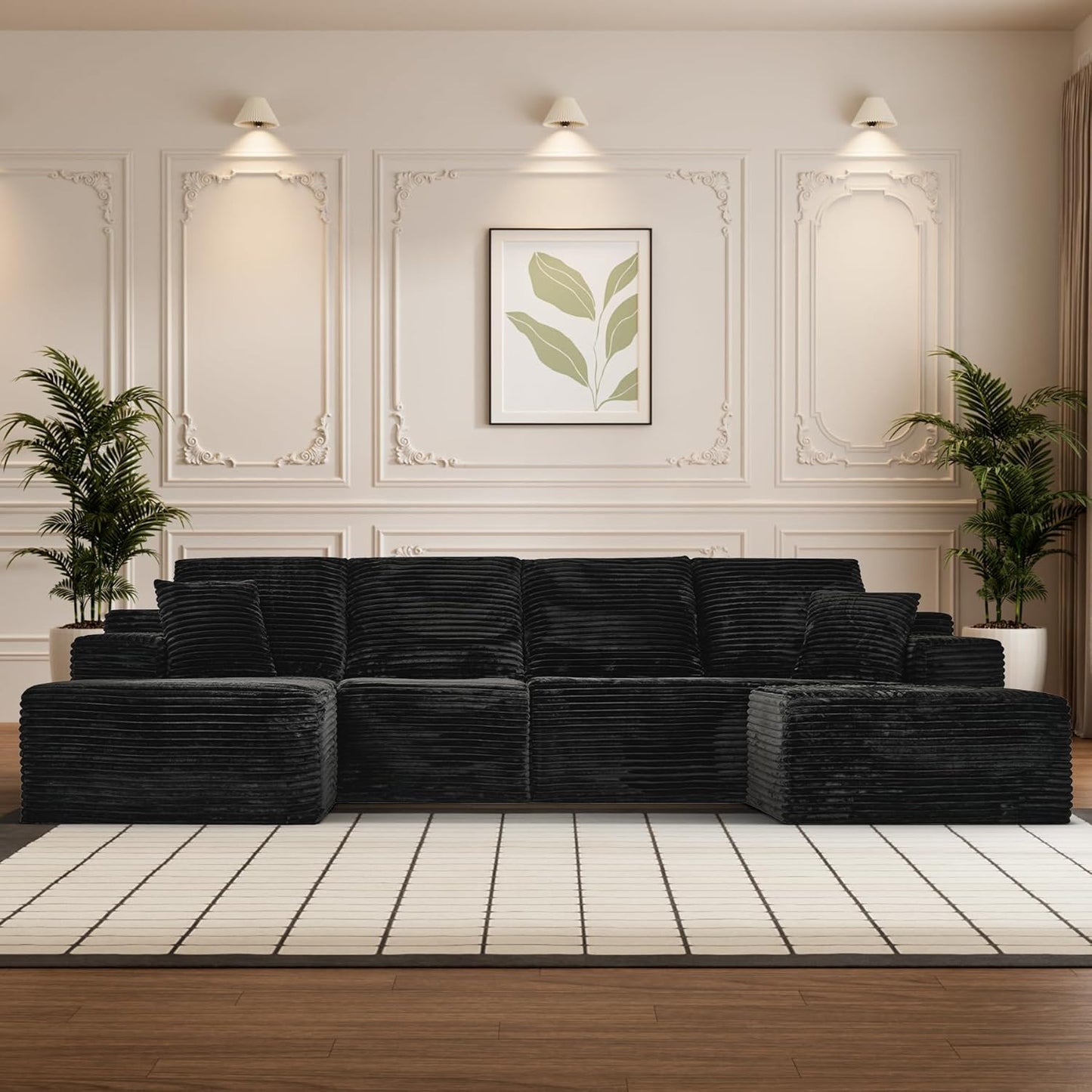 Modular Sectional Sofa Cloud Sectional Couch, 135" Comfy Fluffy U Shaped Black Couches for Living Room, Deep Seat Memory Foam Plush Corduroy Boneless Couch Sectionals with Left Facing Chaise Sofa