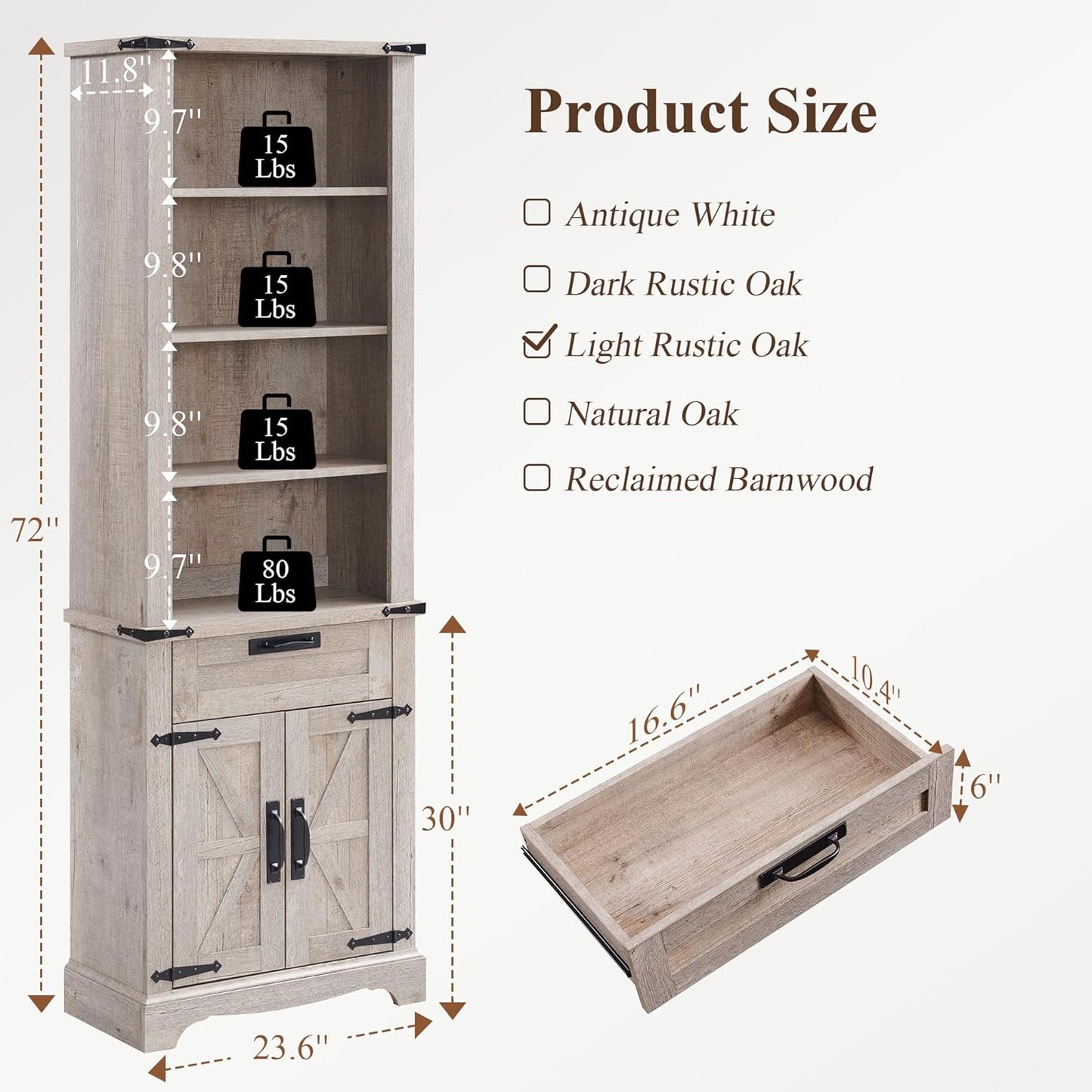 RedLemon Bookshelf with Storage Cabinet, 72" Tall Farmhouse Bookcase with Adjustable Shelves and Barn Door, 4 Tier Office Wood Bookshelf with Drawer for Office Library Living Room (Light Rustic Oak)
