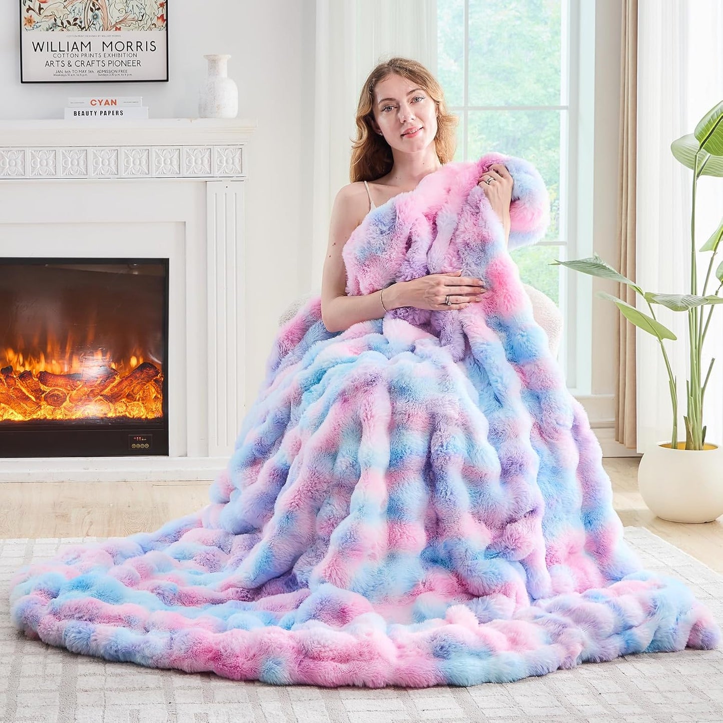 Lotus Karen Faux Fur Throw Blanket Tie-Dye Purple Rainbow - Big Bubble Rabbit Fluff Blanket for Couch, Small Fluffy Fuzzy Cozy Blanket,Thick Furry Plush Shaggy Blankets,50x60 Inches