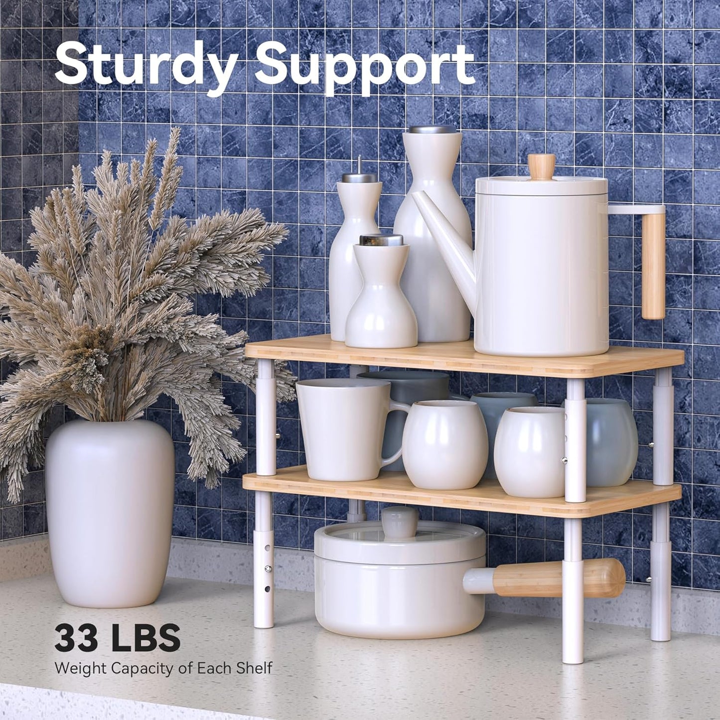 Cabinet Organizer Shelf, Spice Rack Set of 2 Kitchen Pantry Cupboard Shelves, Stackable, Height Adjustable, Natural Bamboo (15.6" W)