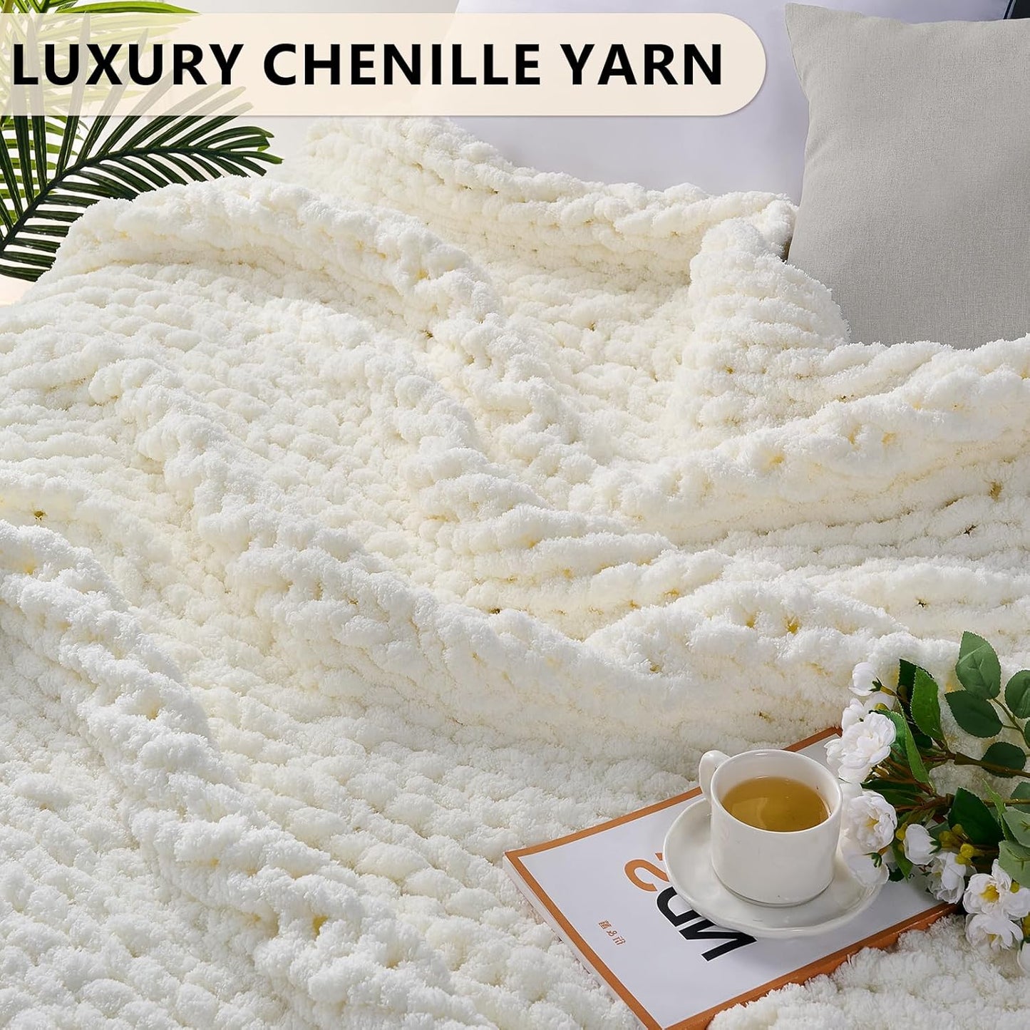 L'AGRATY Chunky Knit Blanket Throw: Soft Chenille Yarn Throw Blanket 60x80 - Handmade Thick Cable Crochet Blanket - Large Chunky Rope Throw Blanket for Couch Sofa Bed Home Decor(Cream White)