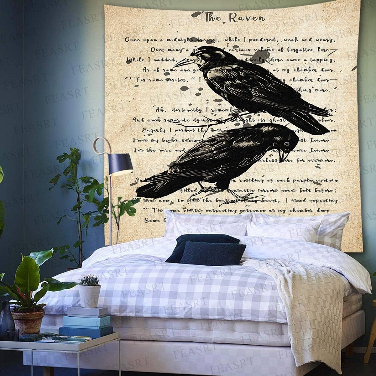 Raven Poem Wall Hanging 51x60 Inches - Crow Tapestry for Living Room, Bedroom, Home, Dorm, Office Decor