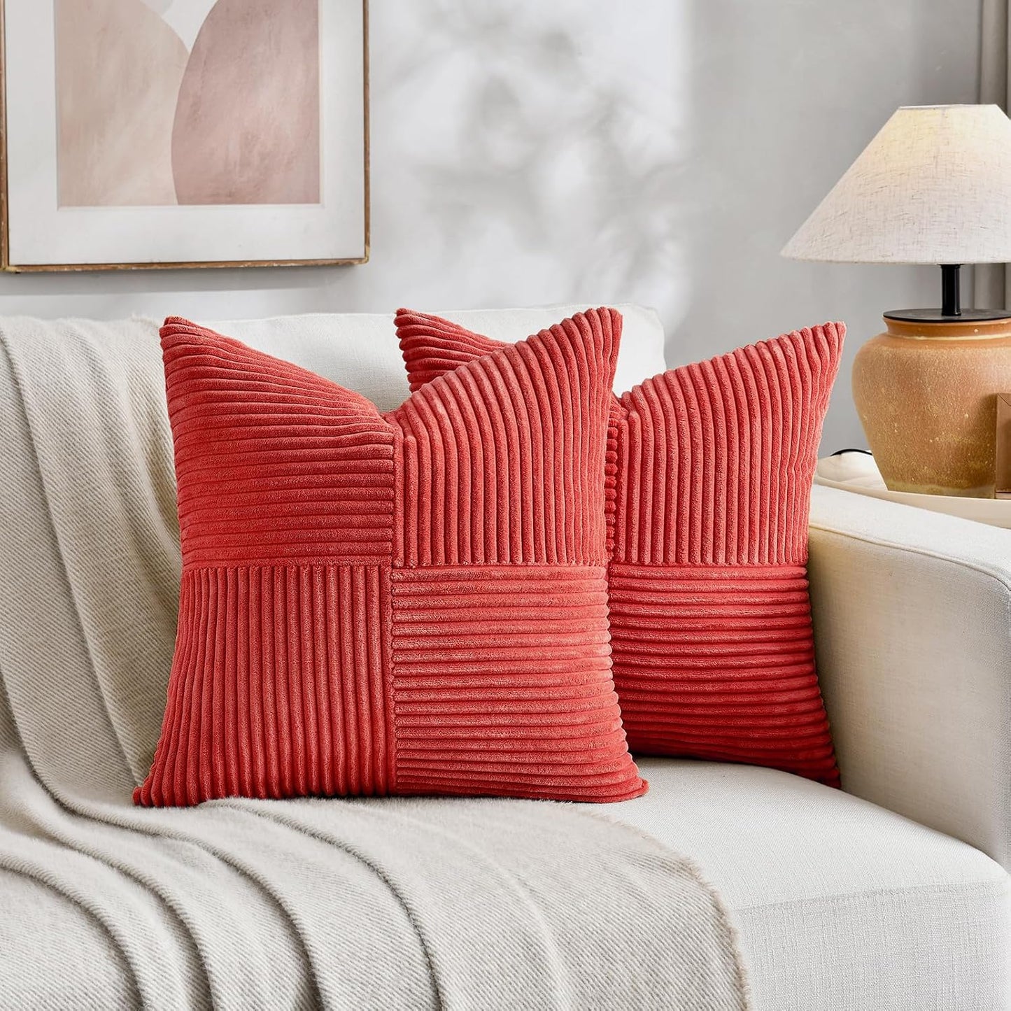 Fancy Homi 2 Packs Red Big Decorative Throw Pillow Covers 24x24 Inch for Couch Bed Sofa, Holiday Christmas Home Decor Gift, Soft Corss Corduroy Patchwork Accent Square Cushion Case 60x60 cm