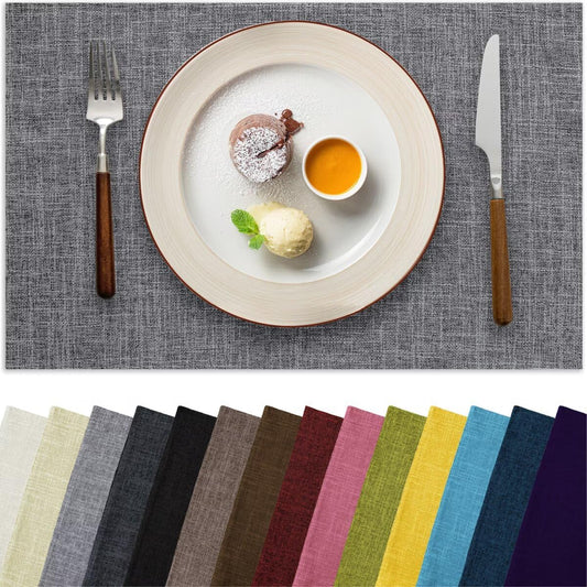 Placemats Set of 6, Bilayer Thickened Linen Place Mats Heat Resistant Machine Washable Wrinkle Free Carefully Selected Polyester Mats for Kitchen/Dining/Coffee Table (Light Grey)