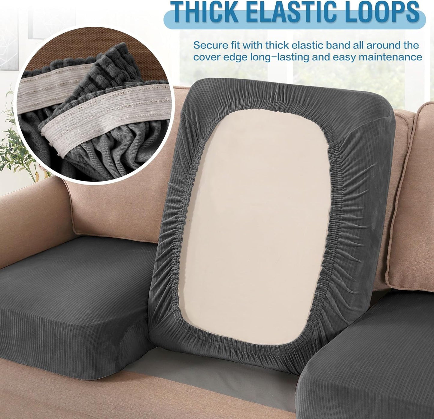 H.VERSAILTEX Velvet Stretch Couch Cushion Cover Plush Cushion Slipcover for Chair Loveseat Sofa Cushion Furniture Protector Seat Cushion Sofa Cover (2 Piece Medium Sofa Cushion Covers, Grey Striped)