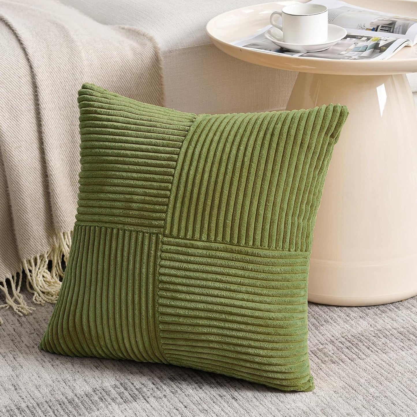 Fancy Homi 2 Packs Moss Green Euro Decorative Throw Pillow Covers 26x26 Inch for Bedroom Couch Bed, Farmhouse Boho Home Decor, Soft Corss Corduroy Patchwork Textured Square Cushion Case 66x66 cm