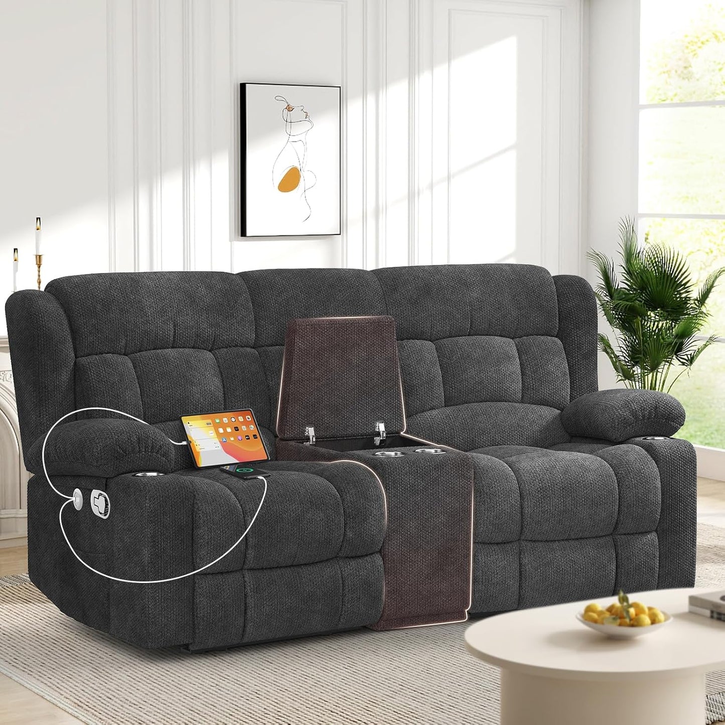 Loveseat Recliner Sofa, 2 Seater Curved Sofa for Living Room, Fabric Manual Pull Tab Reclining Loveseat with Storage Console, Recliner Loveseat Couches with USB Charge Ports, Cup Holders, Grey
