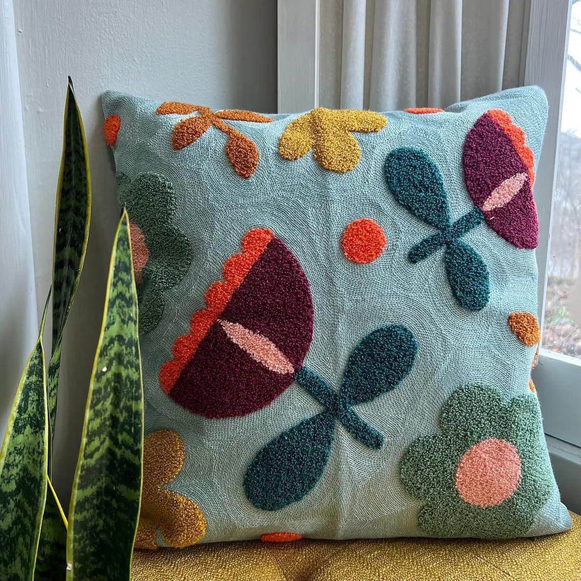 MOCOFO Canvas Embroidered Throw Pillow Cover with Flower Spring Embroidery Craft Modern Simple Sofa Office Pillow Pillow Case (Flower, 18x18’’)