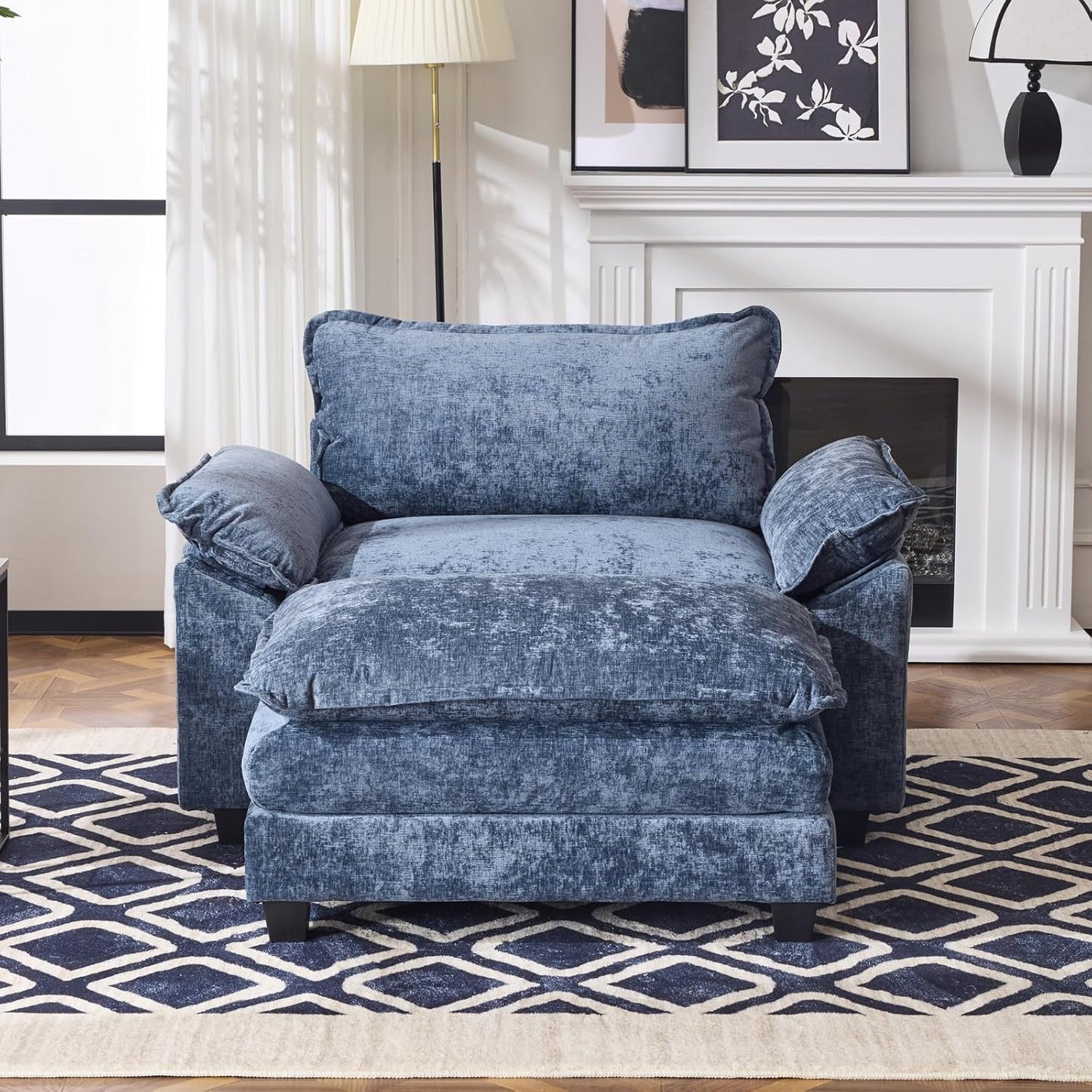 Karl home Oversized Accent Chair Chenille Sofa with Chaise, Modern Sofa Chair with Removable Ottoman Modular 1-Seater Couch and 2-Layer Ottoman for Living Room, Apartment, Studio, Dusty-Blue
