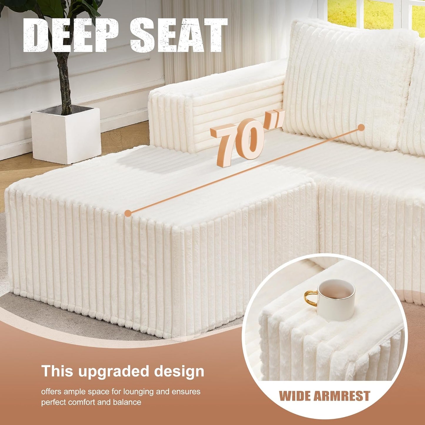 Hobestluk Modular Sectional Sofa Memory Foam Couch Oversized Sectional Sofa 3-Seater with Chaises Cloud Couch with Removable Cover U Shaped Sofa for Living Room (Strip White, U Shape)