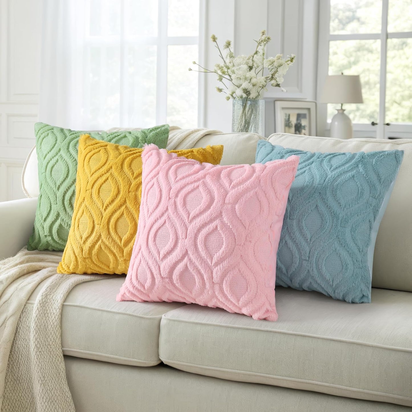 decorUhome Throw Pillow Covers 16x16 Inch Set of 2, Soft Plush Decorative Faux Fur Light Pink Solid Couch Pillow Covers, Accent Farmhouse Neutral Square Euro Pillow Cases for Sofa Bed Living Room