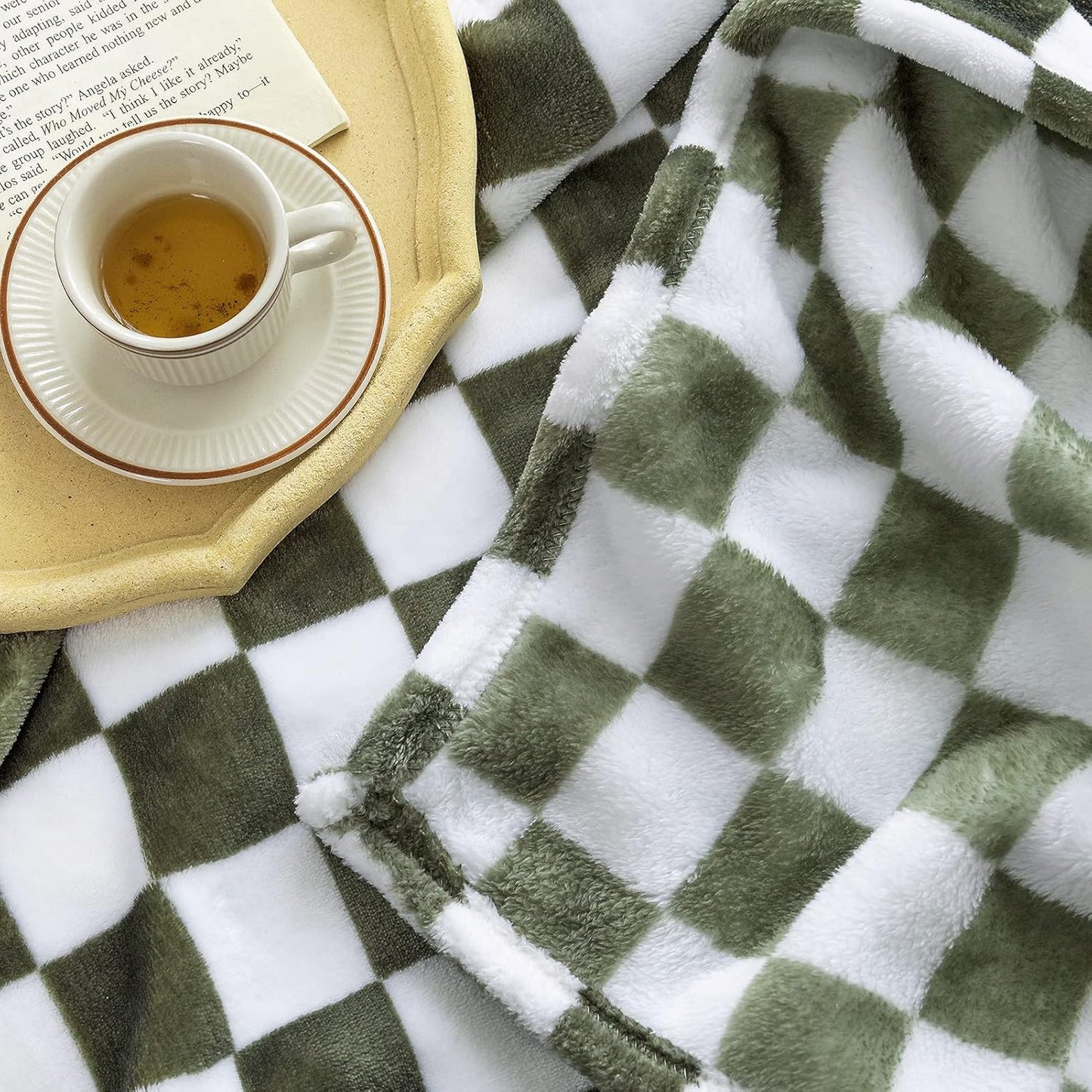 LOMAO Throw Blankets Flannel Blanket with Checkerboard Grid Pattern Soft Throw Blanket for Couch, Bed, Sofa Luxurious Warm and Cozy for All Seasons (Dark Olive, 50"x60")