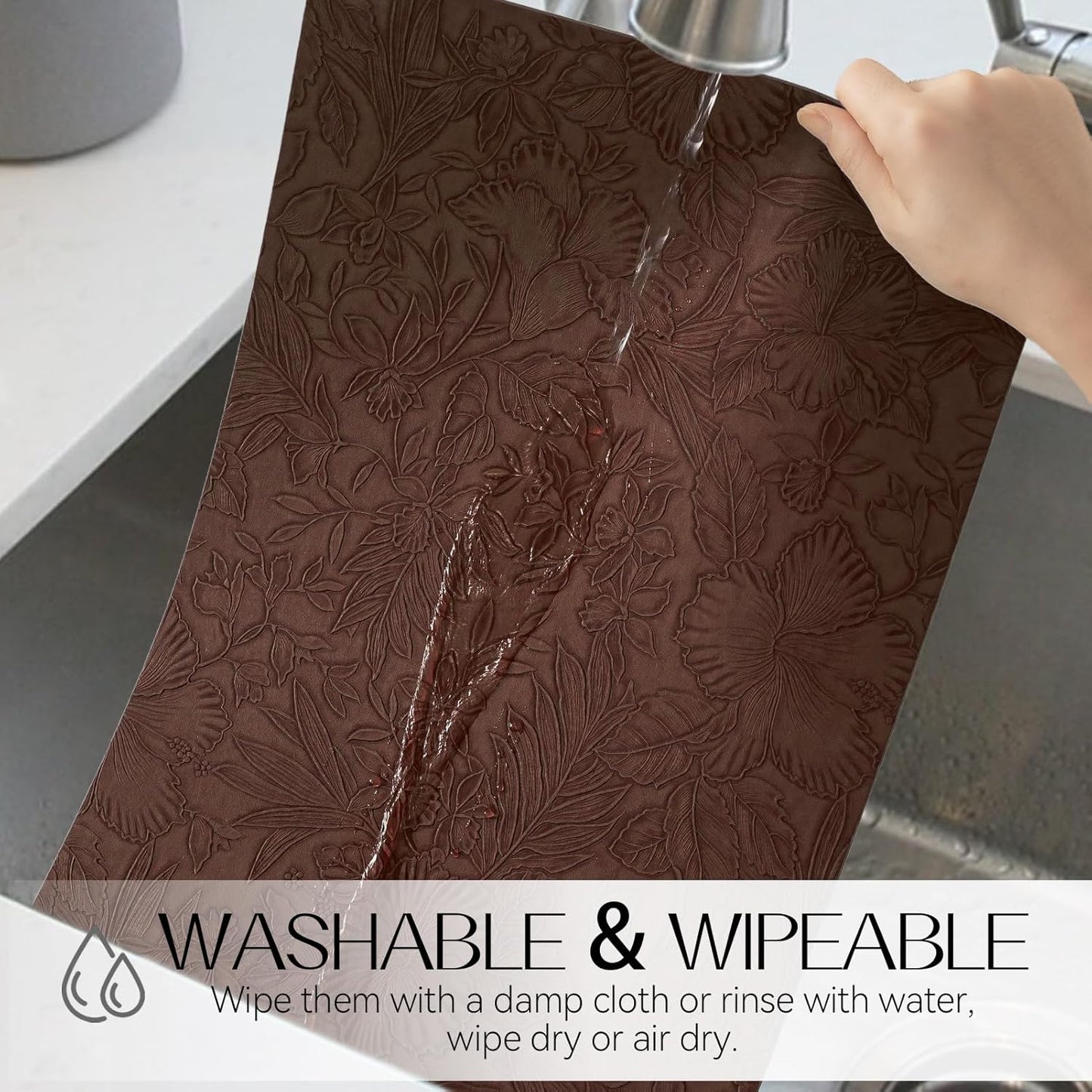 Romanstile Vinyl Placemats Set of 4-12 X 18 Inch - Heat Resistant Non-Slip Embossed Floral Place Mats 100% Waterproof Oilproof Wipeable Faux Leather Table Mats for Kitchen/Dining/Party, Brown