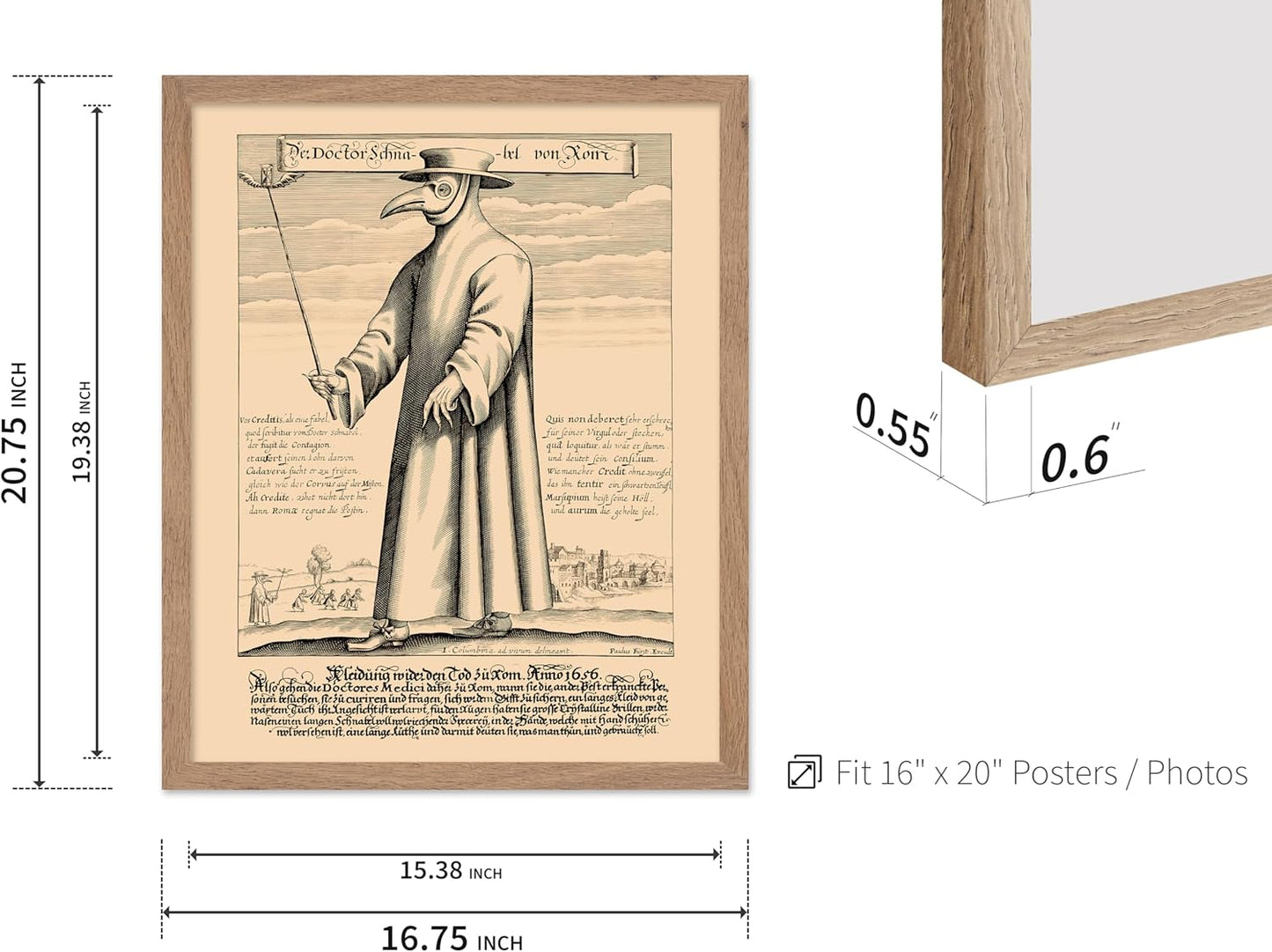 Poster Master Vintage Medieval Poster - Retro Illustration Print - Gift for Friend - Plague Doctor, Pandemic Mask, Physician, Black Death - Wall Decor for Home, Living Room, 16x20 Beige Framed