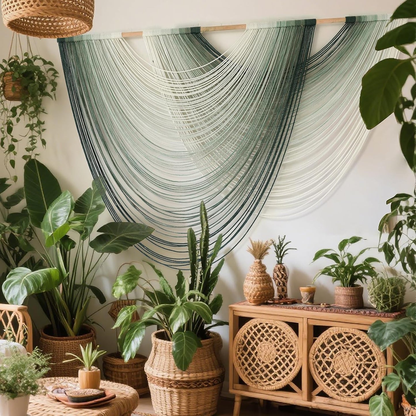 Macrame Wall Hanging Green Yarn Art Dip-Dye Boho Wall Decor Fiber Wall Art Craftsmanship Home Decor 57" W x 39" L