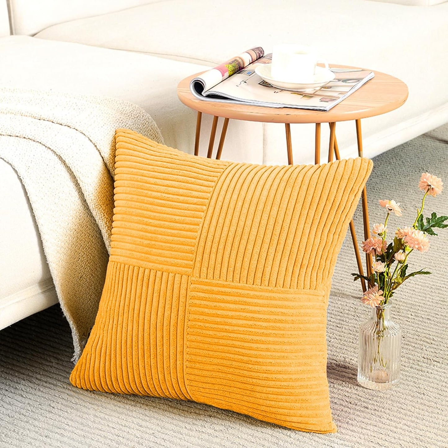 Fancy Homi 2 Packs Gold Yellow Euro Decorative Throw Pillow Covers 26x26 Inch for Couch Bed Sofa, Rustic Farmhouse Boho Home Decor, Soft Corss Corduroy Patchwork Textured Square Cushion Case 66x66 cm