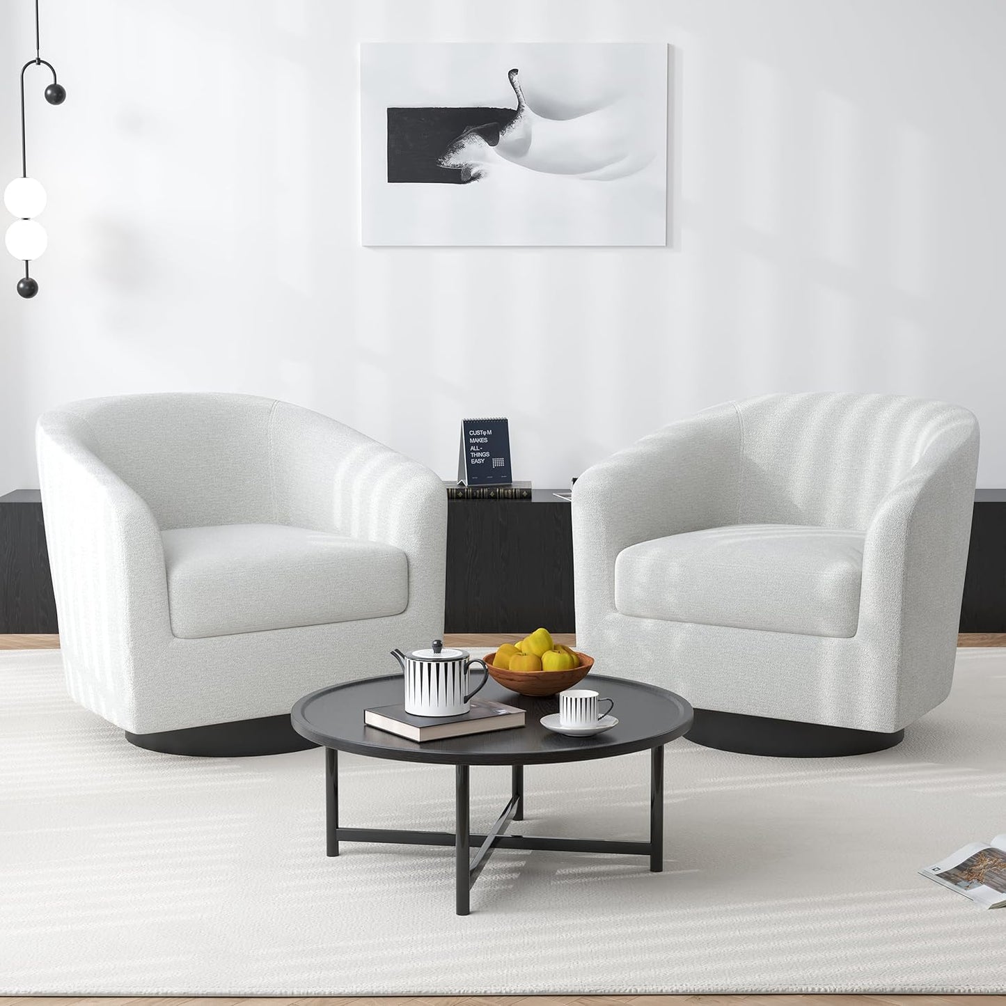 Swivel Barrel Accent Chair, Modern Round Chenille Fabric Arm Chair for Living Room, Bedroom, Comfy Club Reading Chairs for Adults（Chenille Fabric, Beige, Set of 2