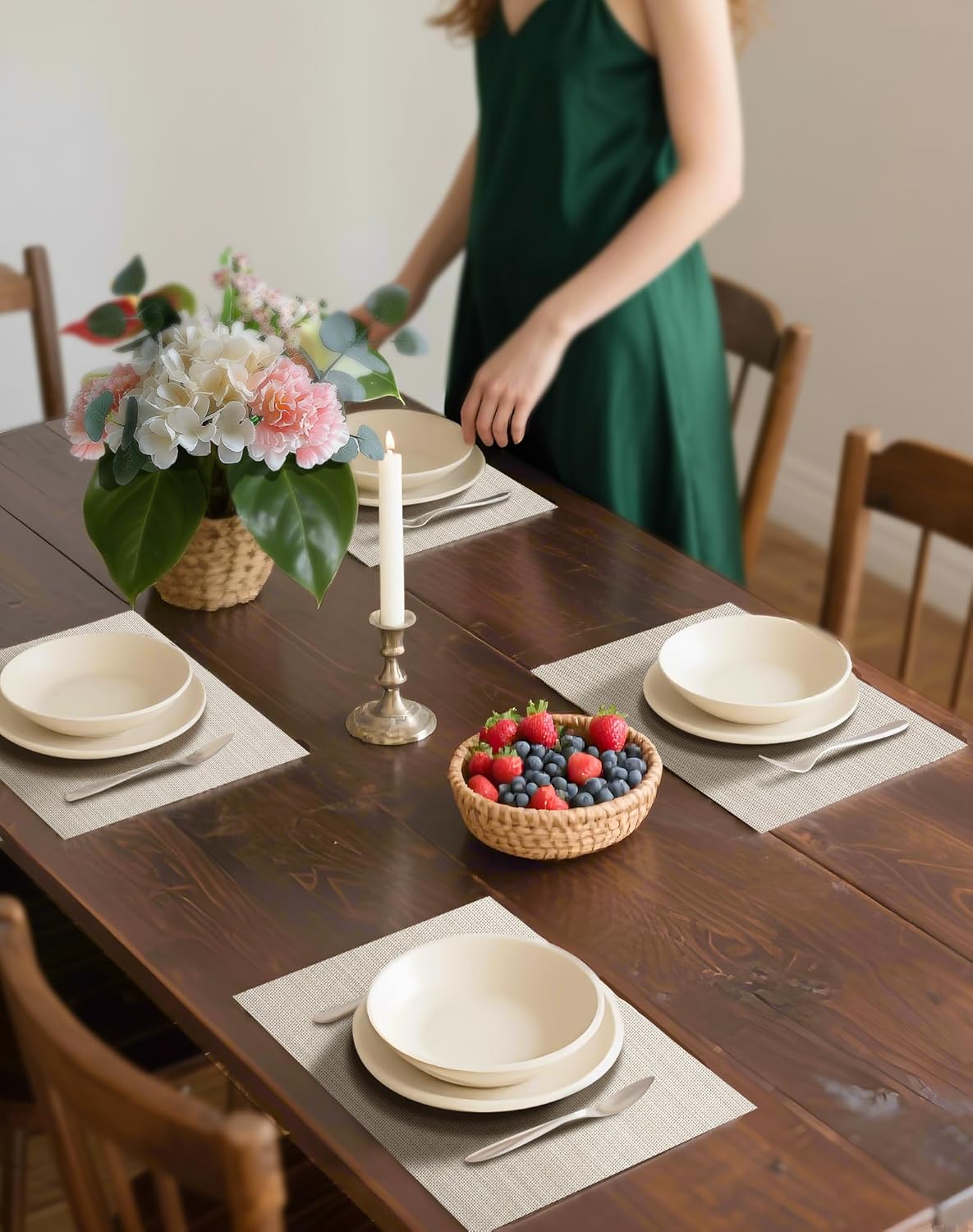 Leetaltree Beige White Placemats Set of 24 - Heat Resistant Non-Slip Place mats for Dining Table, Washable Durable PVC Vinyl Woven Table Mats（Beige White, 24）