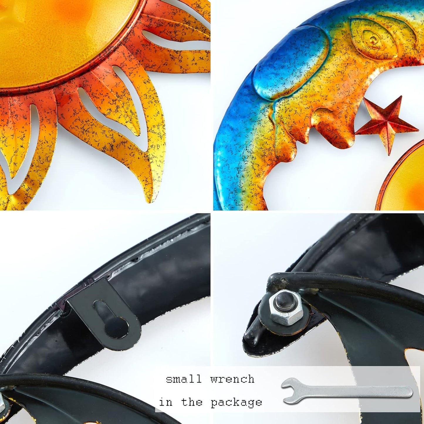 Metal Sun Outdoor Wall Art Decor Large 18 Inch with Moon & Stars, Hanging for Indoor Outdoor Patio Garden Fence Deck Yard Pool Wall Sculpture Decoration for Living Room Bedroom Colorful