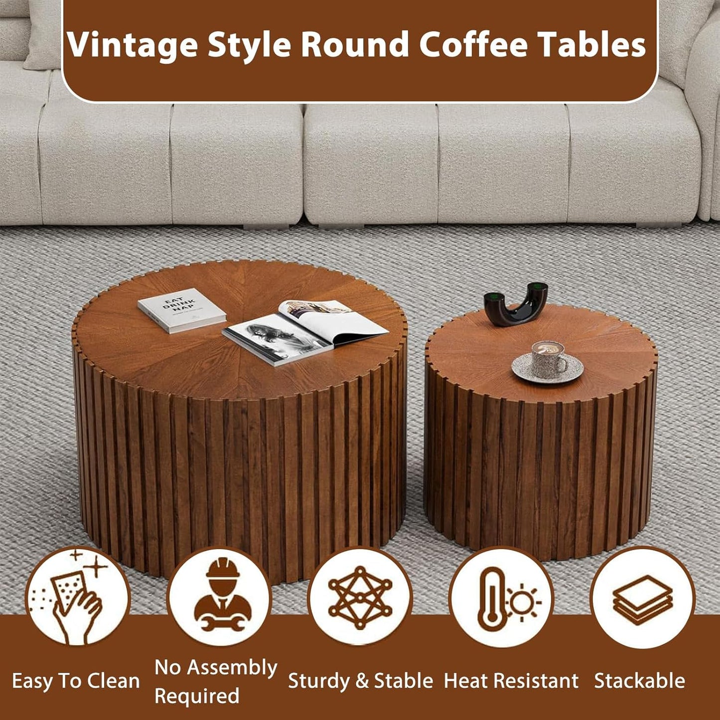 Round Nesting Coffee Table Set of 2 Modern Round Walnut Coffee Table Small Circular End Table Side Table Coffee Tables Circle Nested Coffee Tables for Living Room (Brown Small)