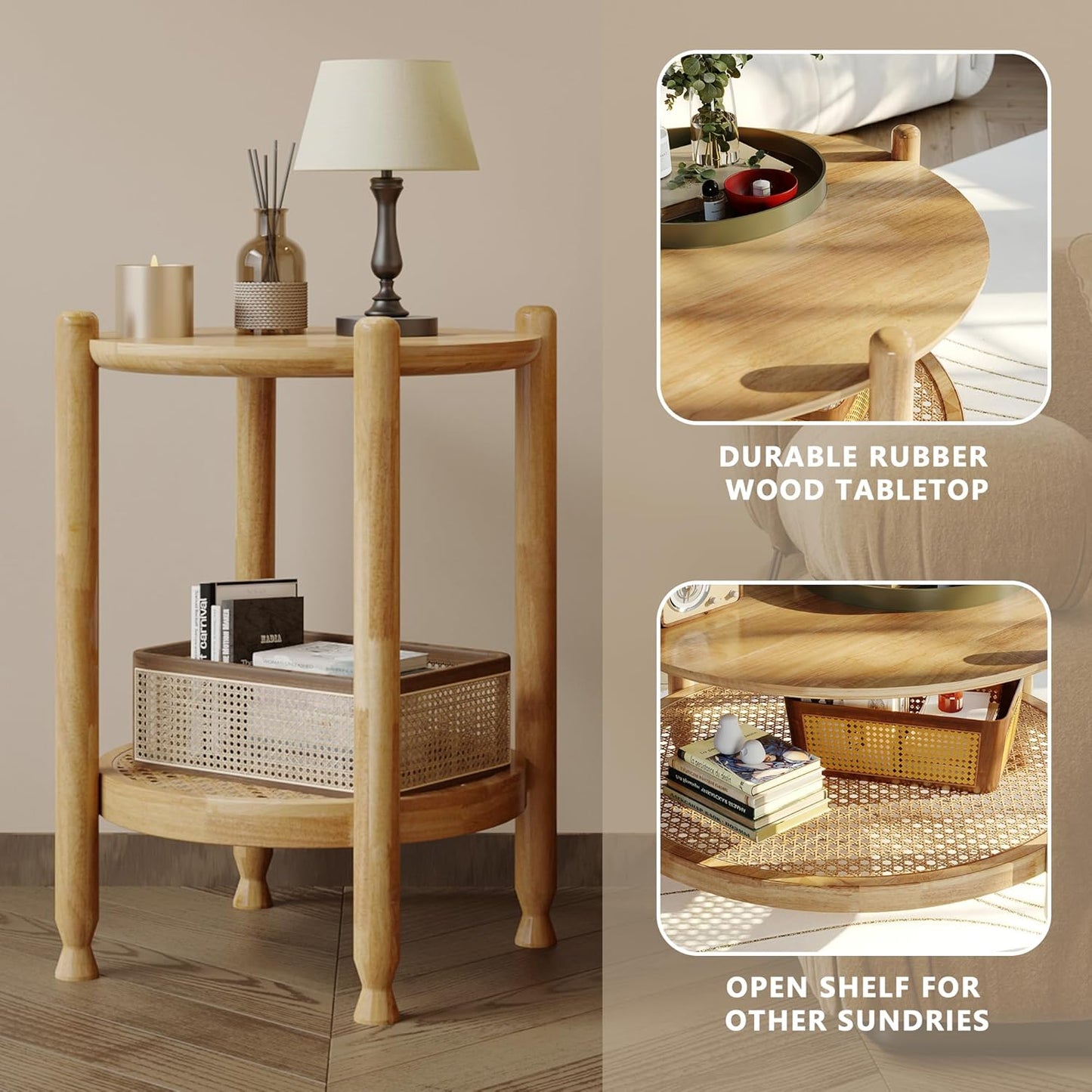 NSdirect Round End Table for Living Room, 2-Tier Rustic Wood Center Table for Home Decor with Boho Woven Rattan Storage Shelf | Modern Farmhouse Design, Easy Assembly, Oak