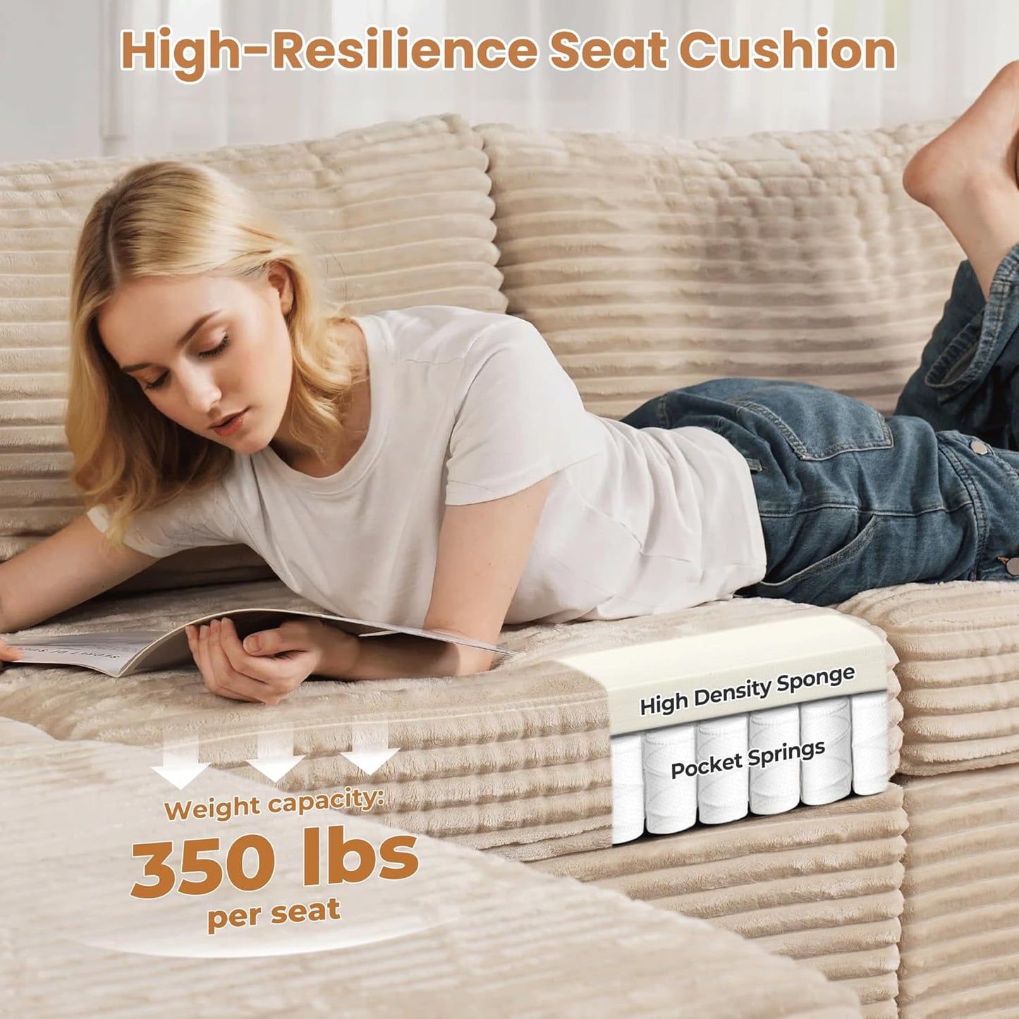 ovios Sectional Sofa Couch with U-Shape Chaise Oversized, Comfy Modular Cloud Couches with Deep Seat, Modern Upholstered Plush Corduroy Sofas Set for Living Room, 7-Seater, Beige