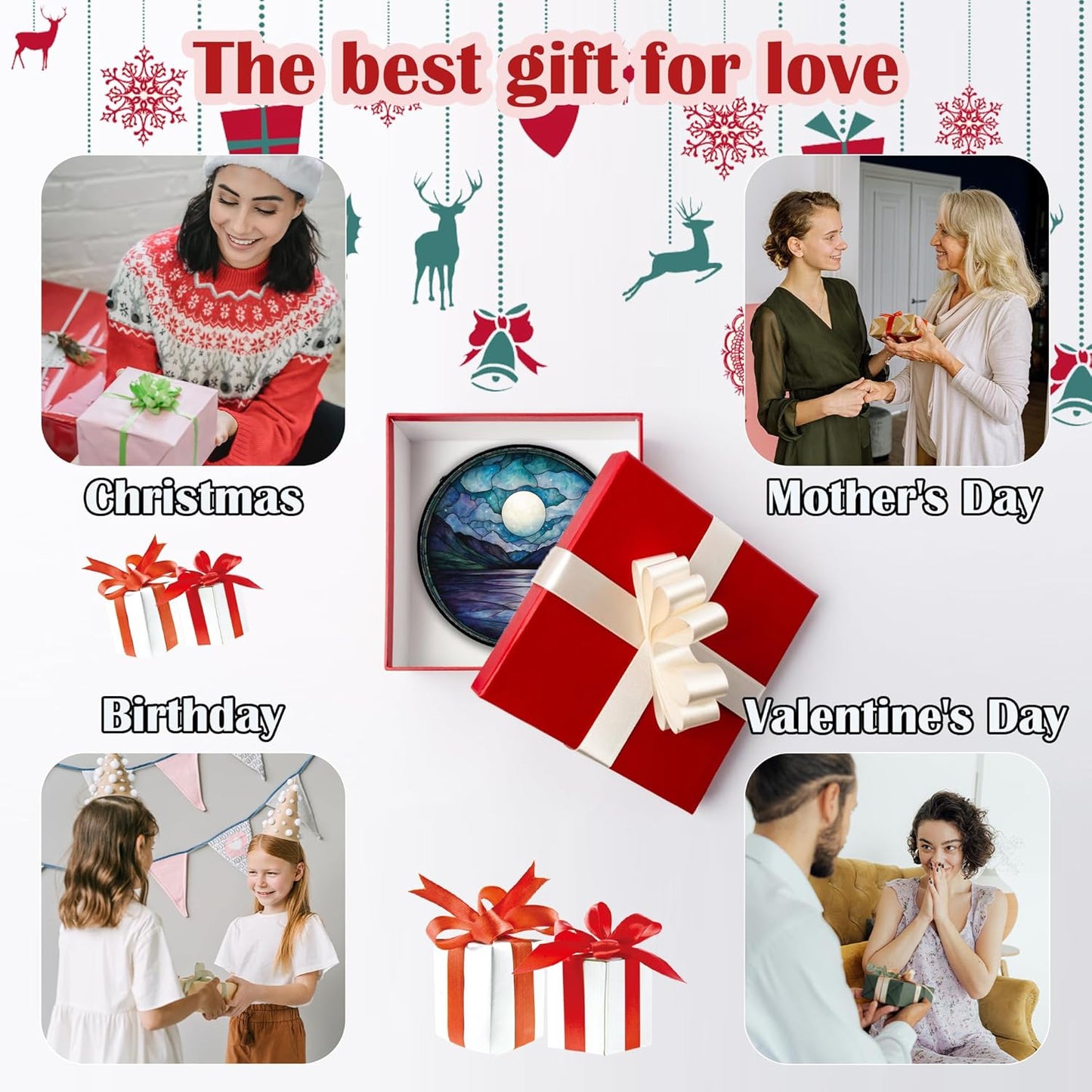 Stained Glass Window Hanging, Blue Night Moon Lake Sun Catchers Colorful Glass Panel Landscape Suncatcher Decor for Birthday for Women, Men, Wife, Aunt, and Mom 6.3 in