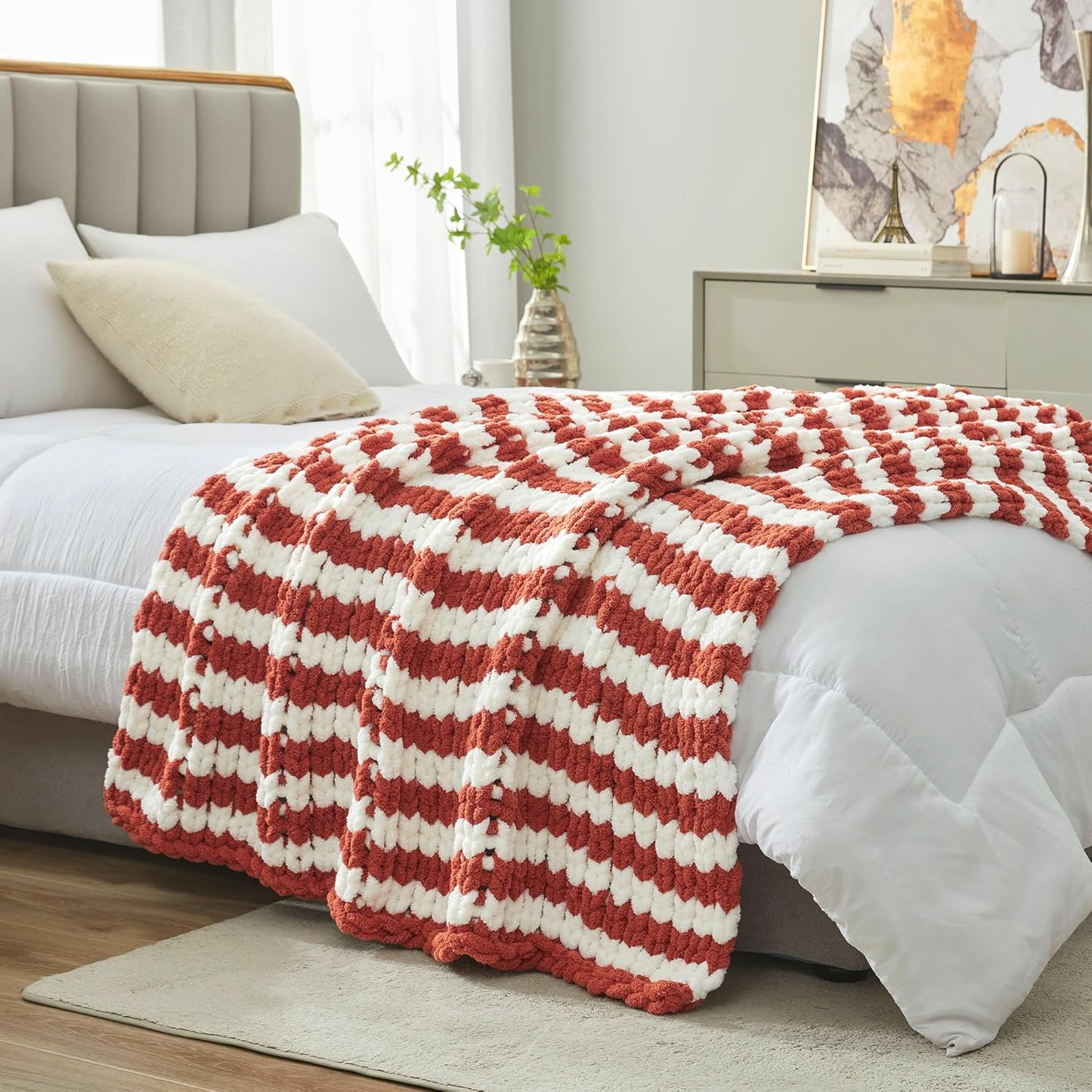 Amélie Home Chunky Knit Throw Blanket for Couch, Soft Chenille Crochet Blanket for Sofa, 50"x60", Burnt Orange & White Striped